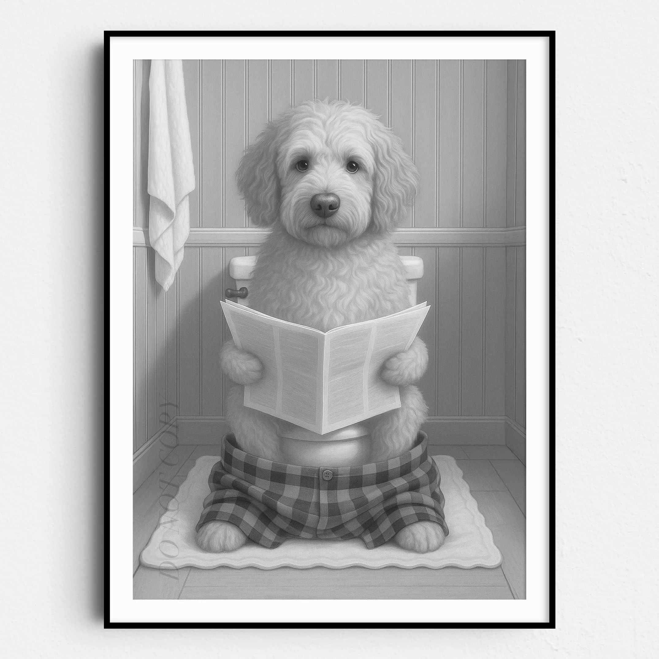 Labradoodle Dog Reading The Newspaper On The Toilet