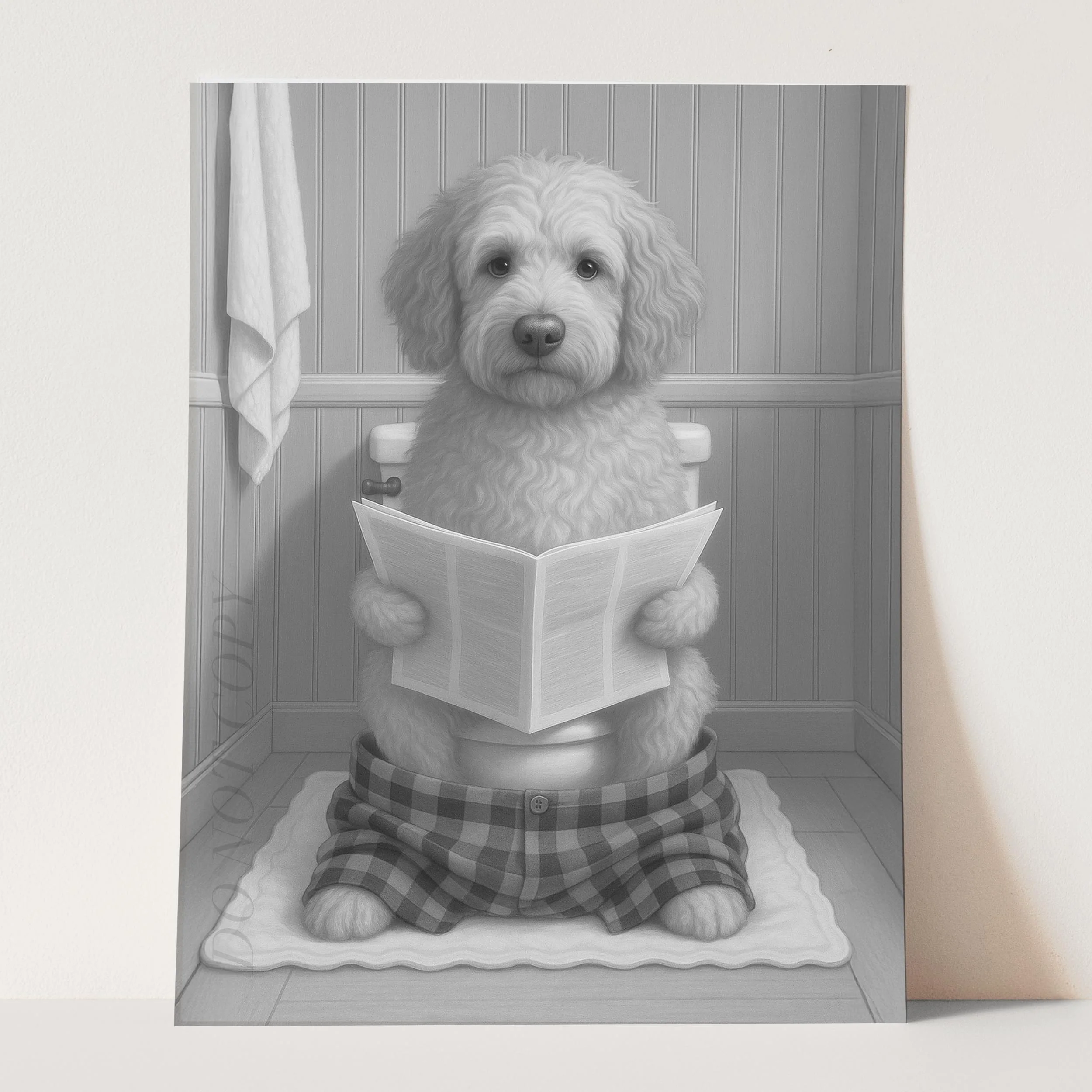 Labradoodle Dog Reading The Newspaper On The Toilet - Image 3