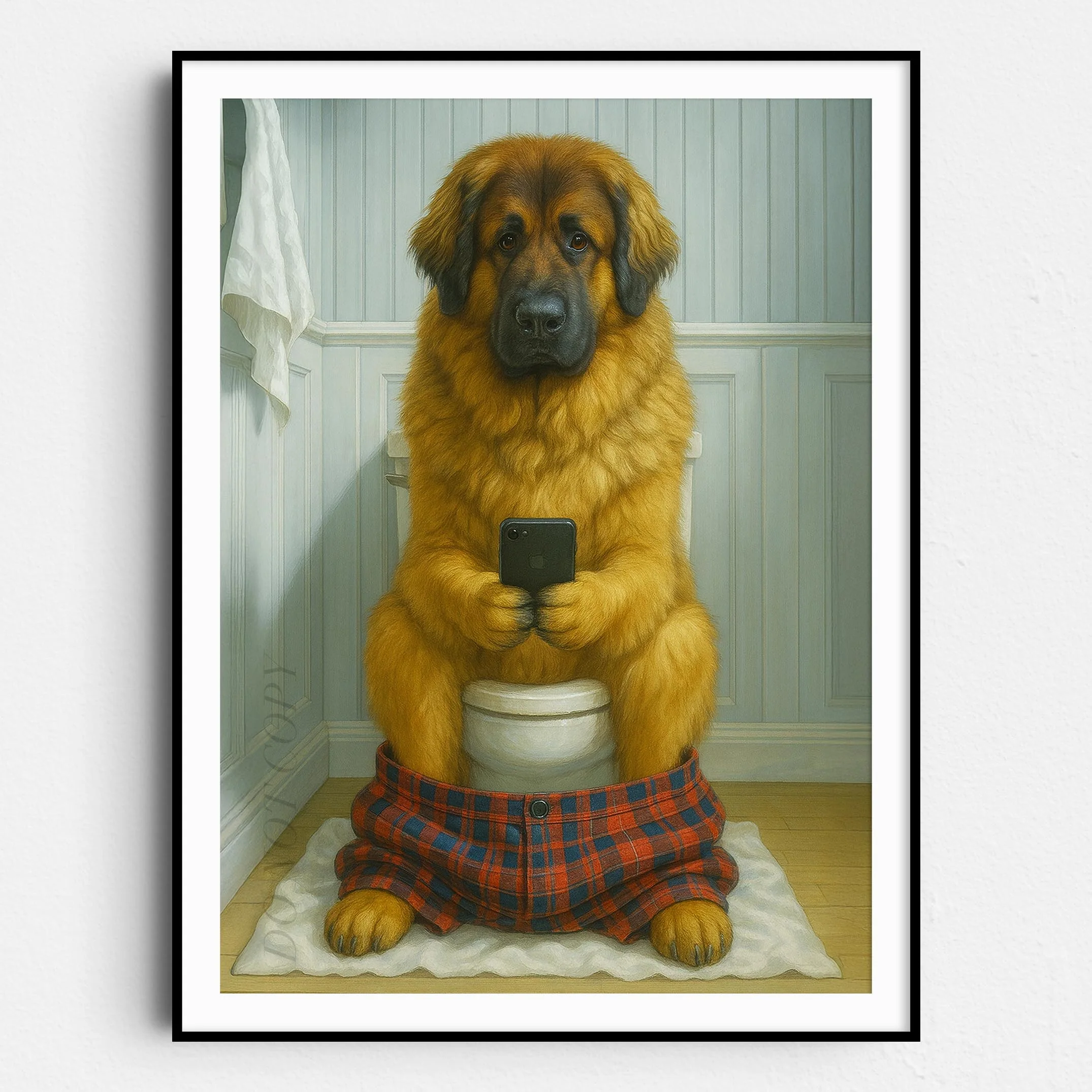 Leonberger Dog On The Phone On The Toilet