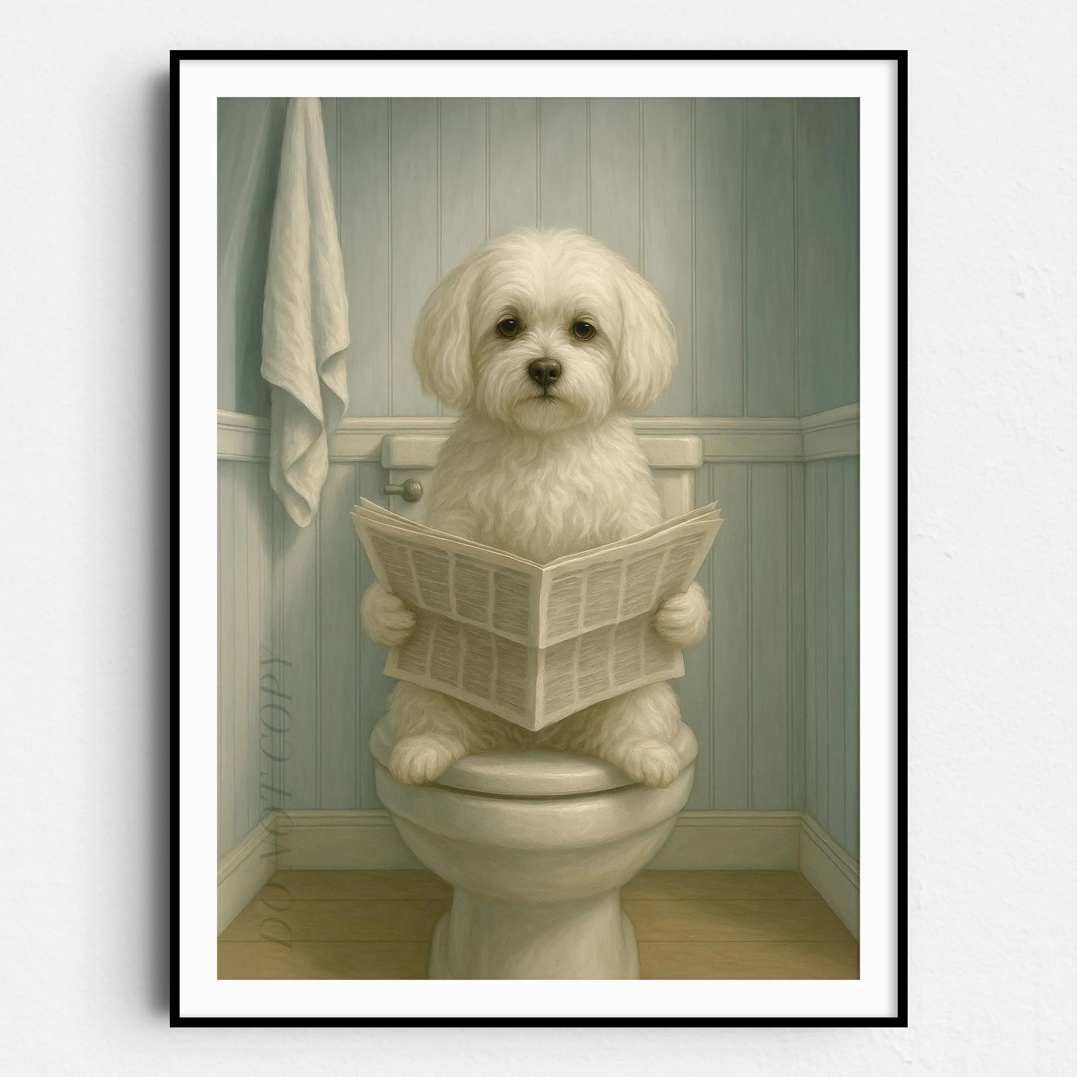 Maltese Dog On The Toilet Reading The Newspaper