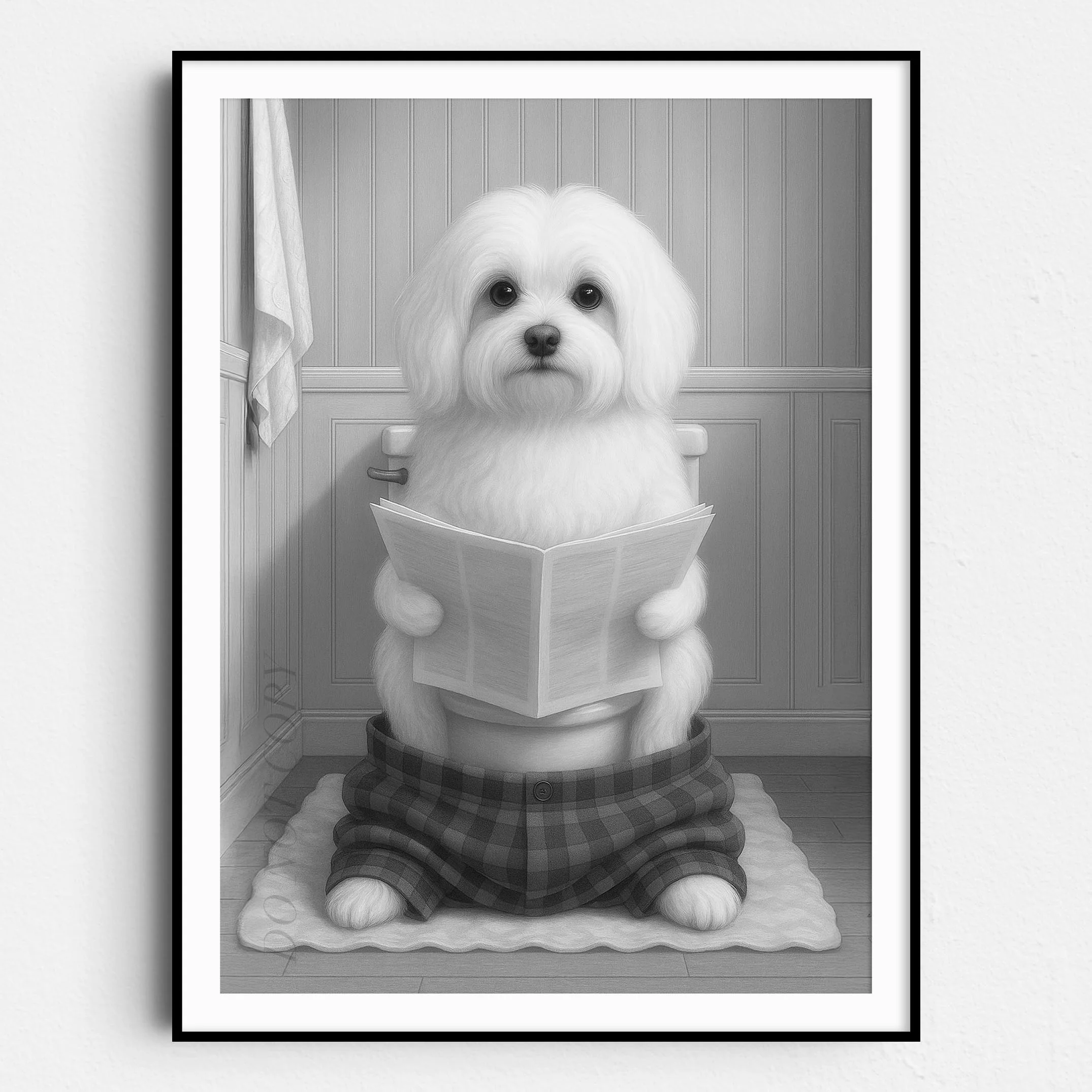 Maltese Dog Reading The Newspaper On The Toilet