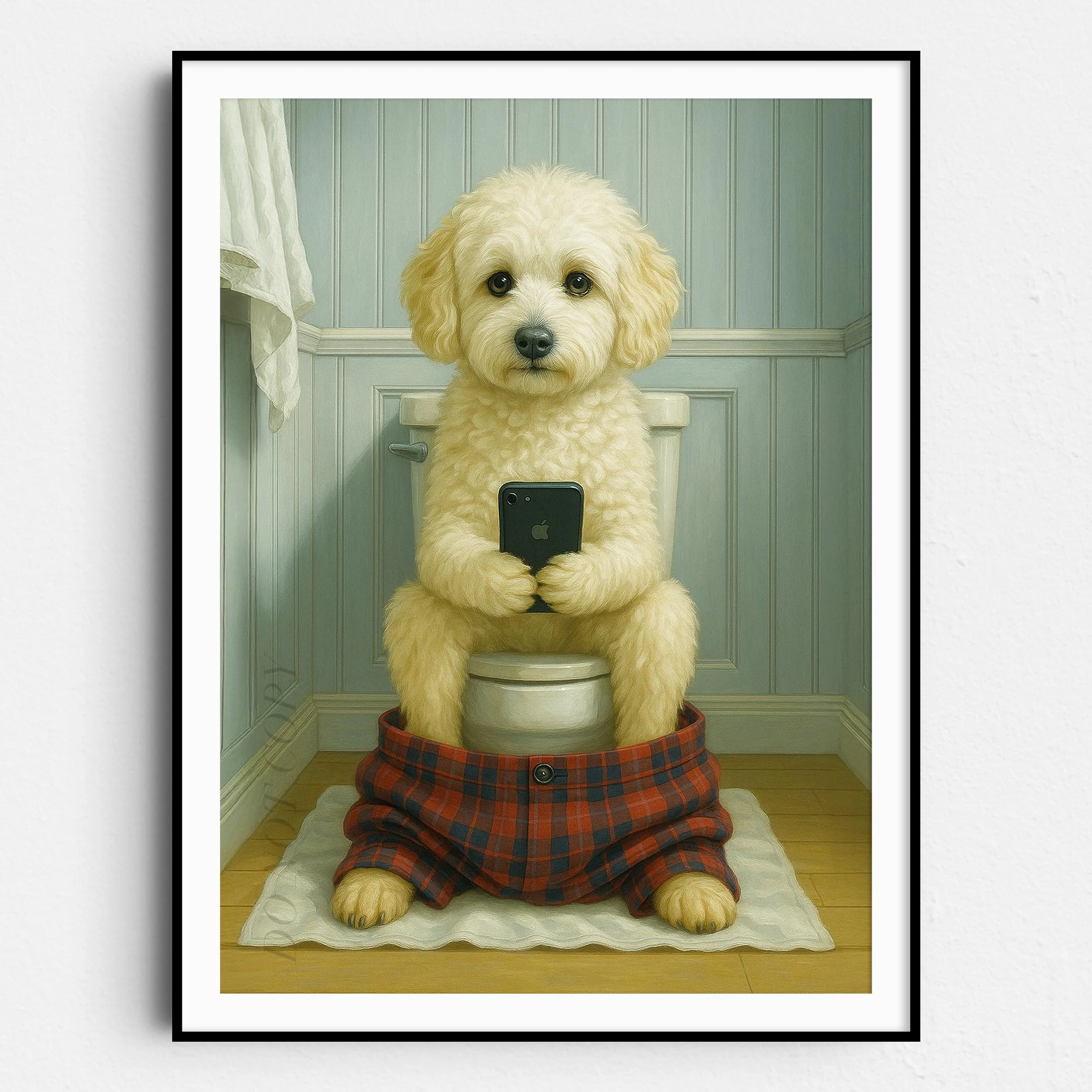 Maltipoo Dog On The Phone On The Toilet