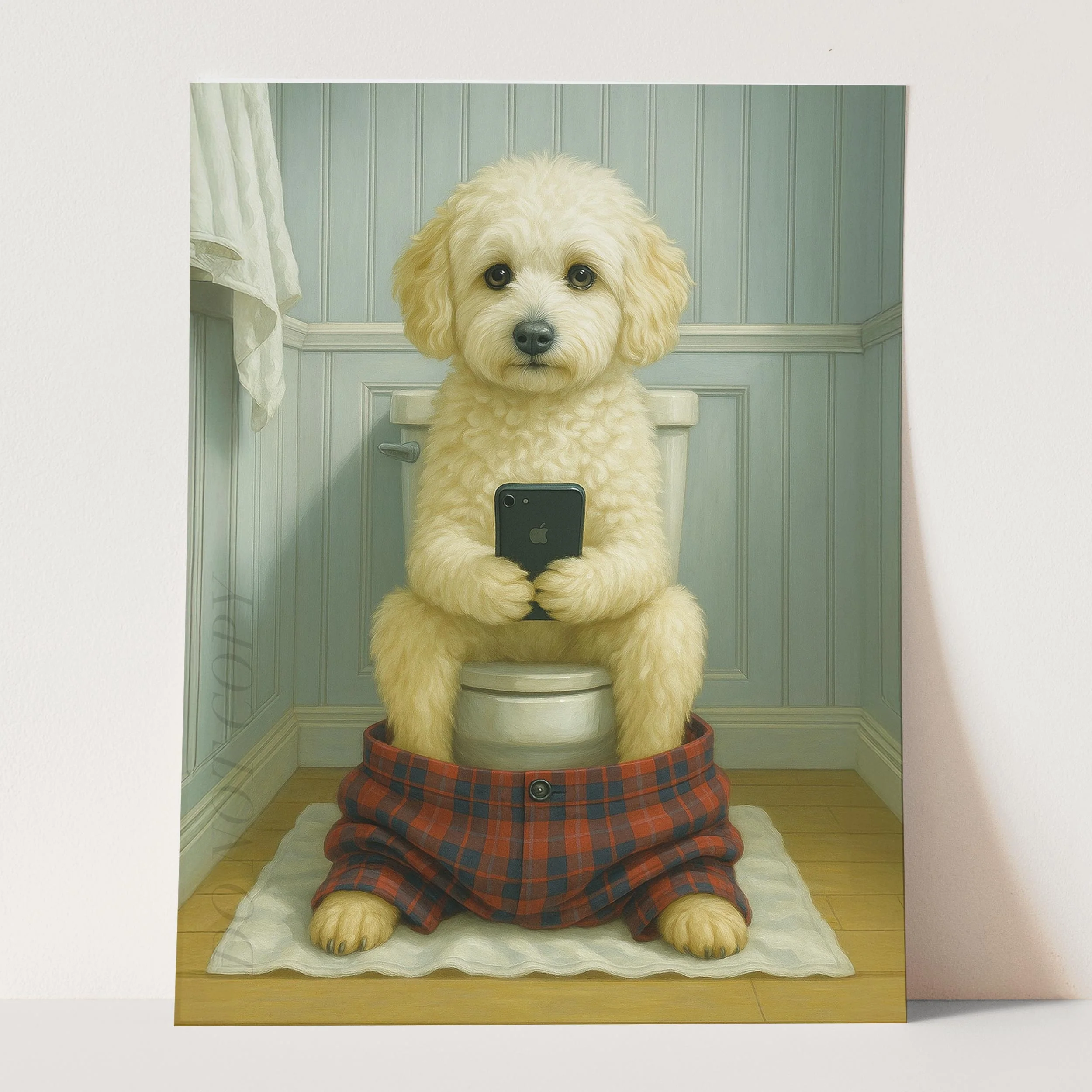 Maltipoo Dog On The Phone On The Toilet - Image 3