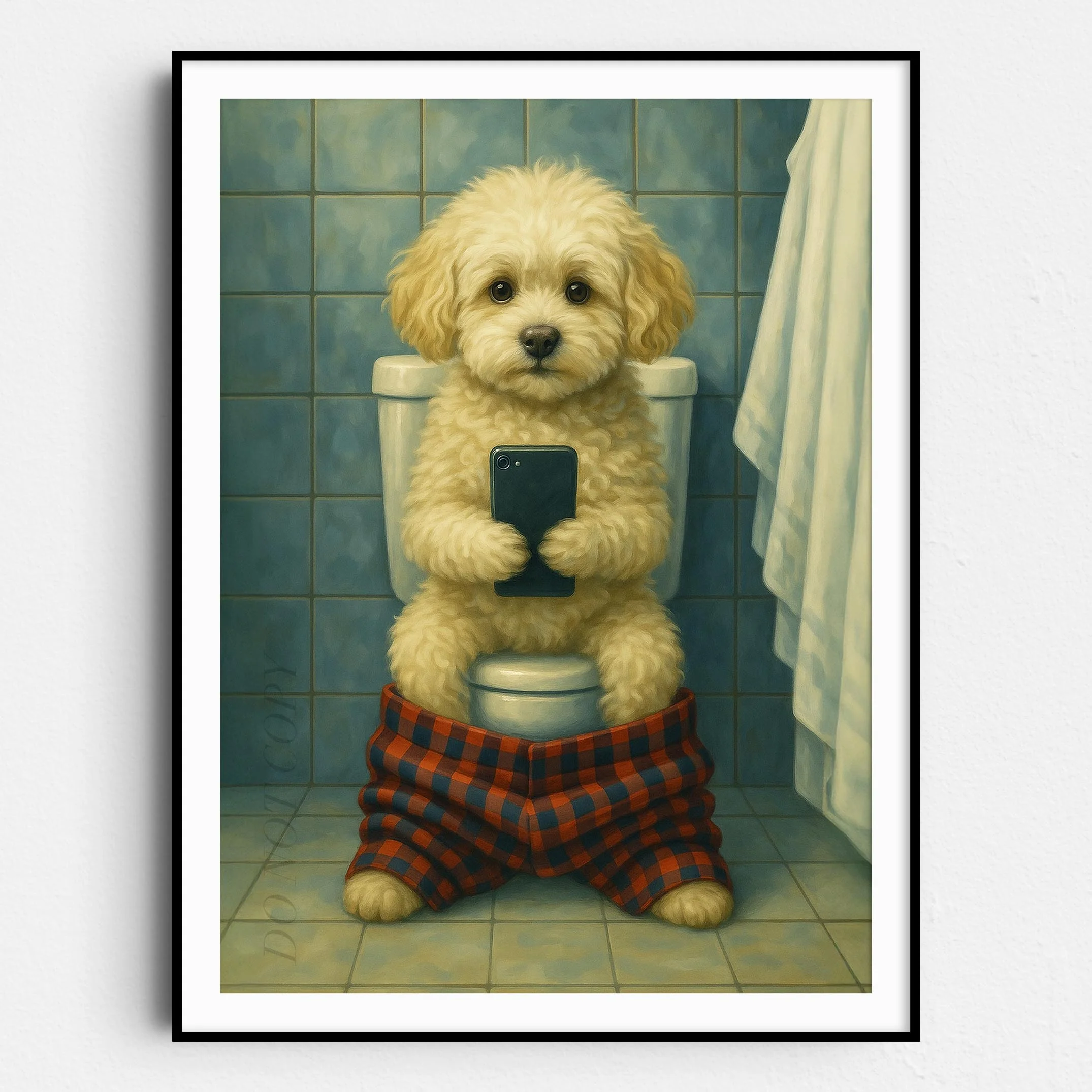 Maltipoo Dog On The Phone On The Toilet