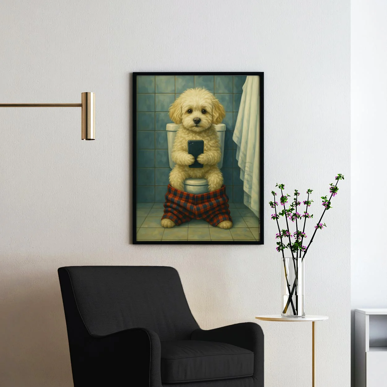 Maltipoo Dog On The Phone On The Toilet - Image 2