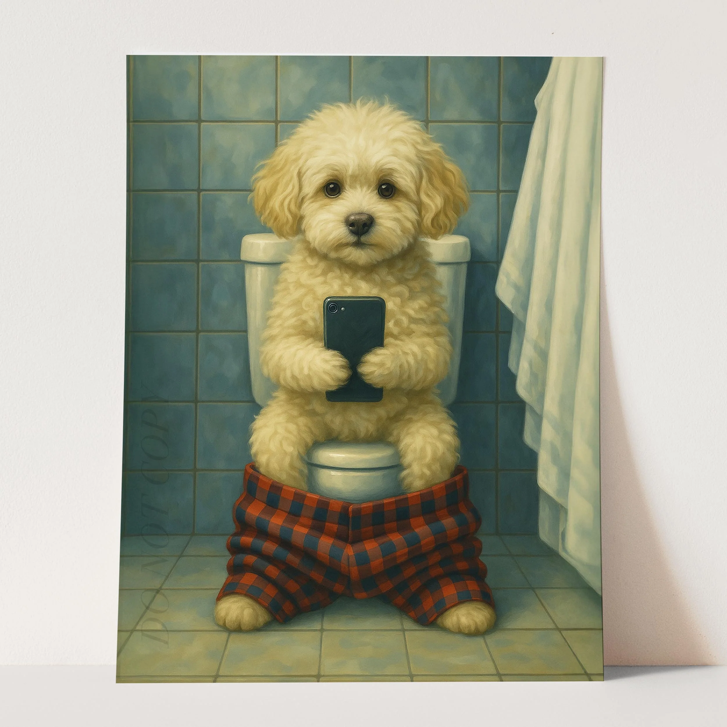Maltipoo Dog On The Phone On The Toilet - Image 3