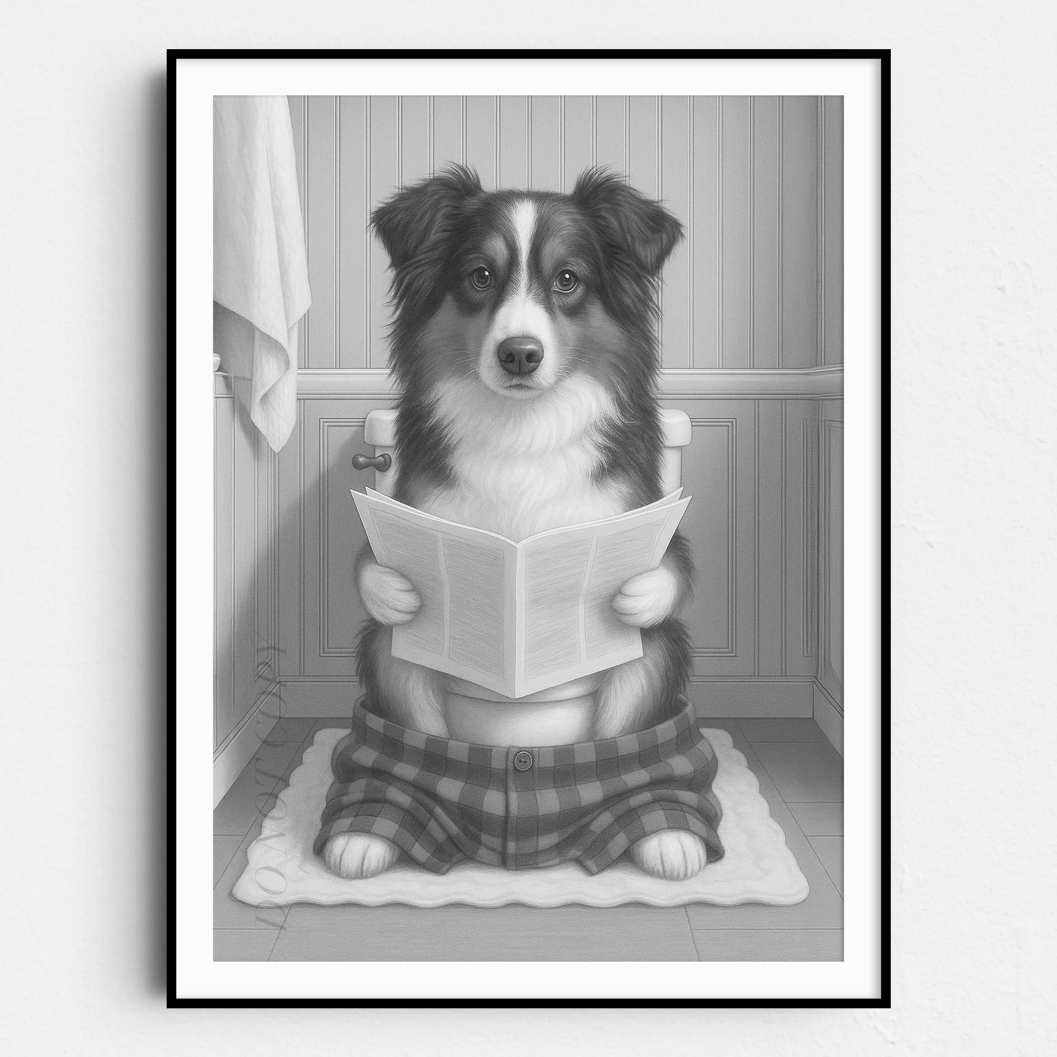 Miniature American Shepherd Dog Reading The Newspaper On The Toilet