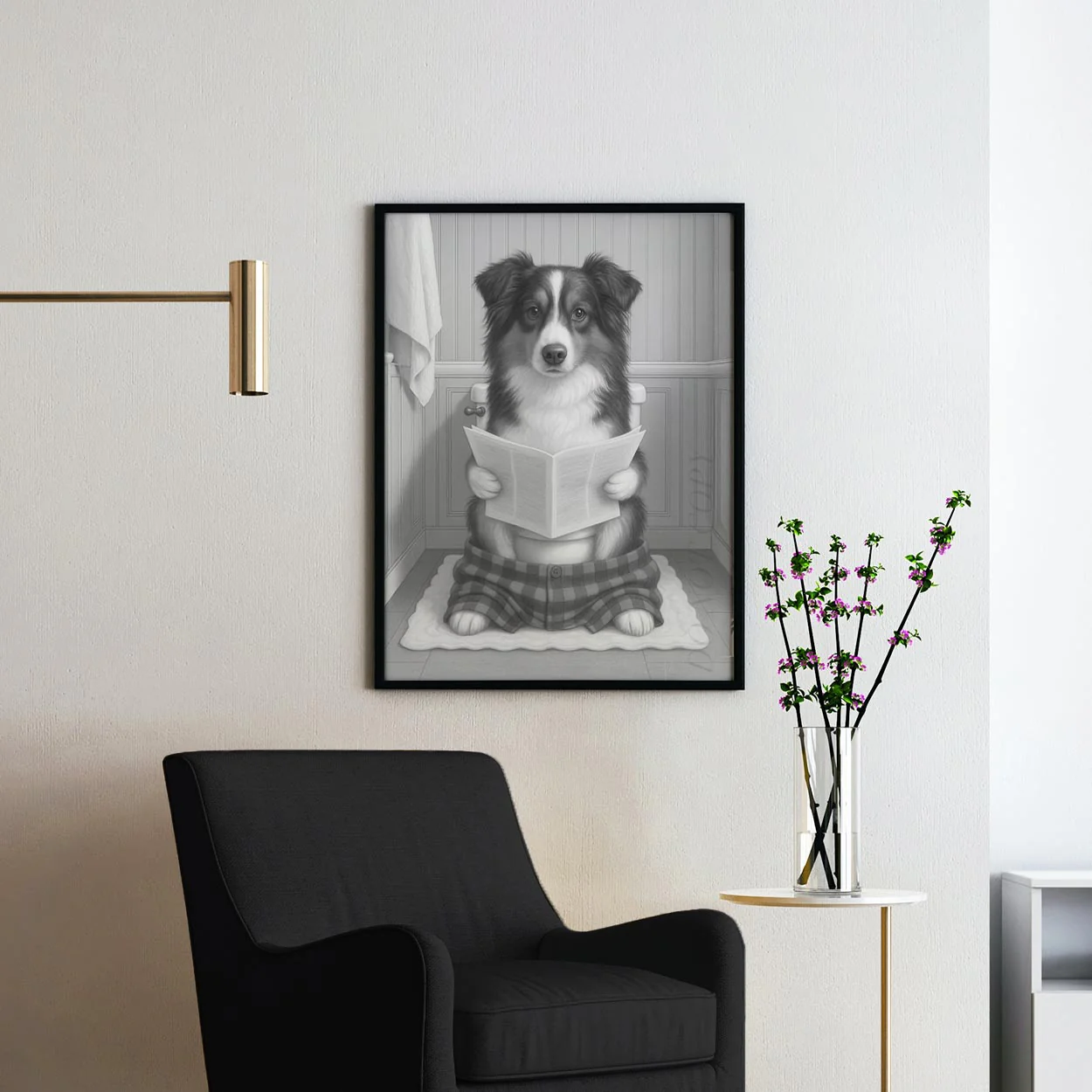 Miniature American Shepherd Dog Reading The Newspaper On The Toilet - Image 2