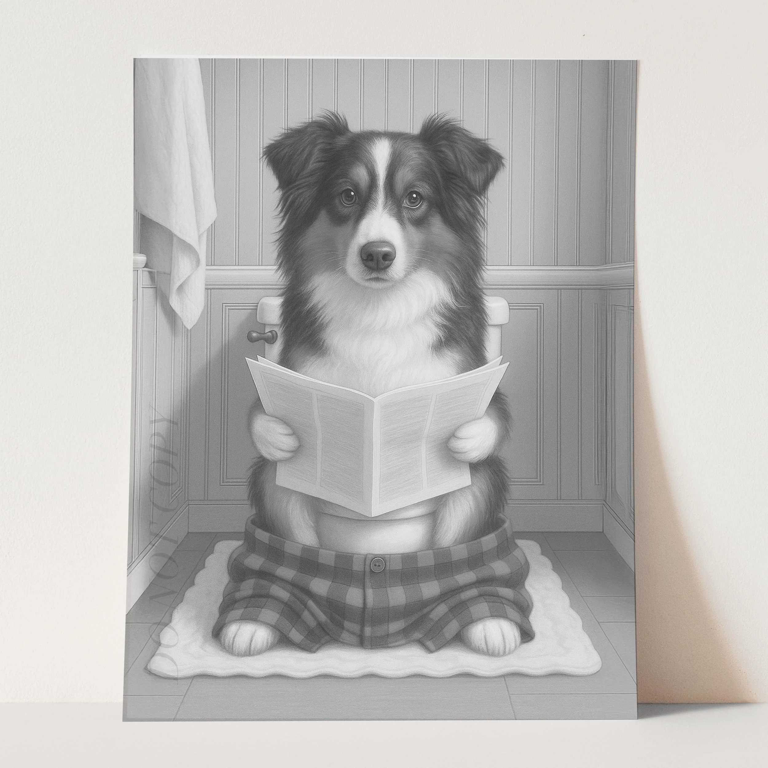 Miniature American Shepherd Dog Reading The Newspaper On The Toilet - Image 3