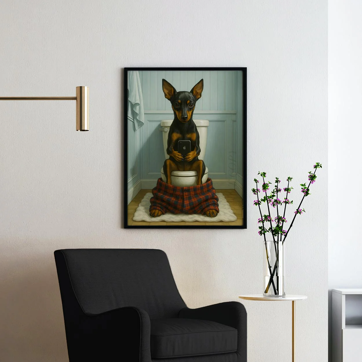 Miniature Pinscher Dog On The Phone On The Toilet - Image 2