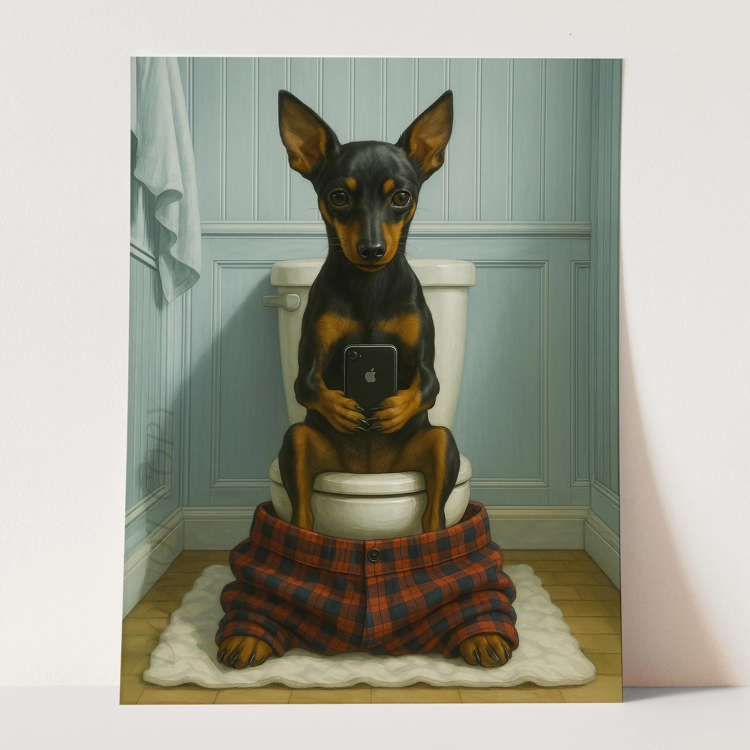 Miniature Pinscher Dog On The Phone On The Toilet - Image 3