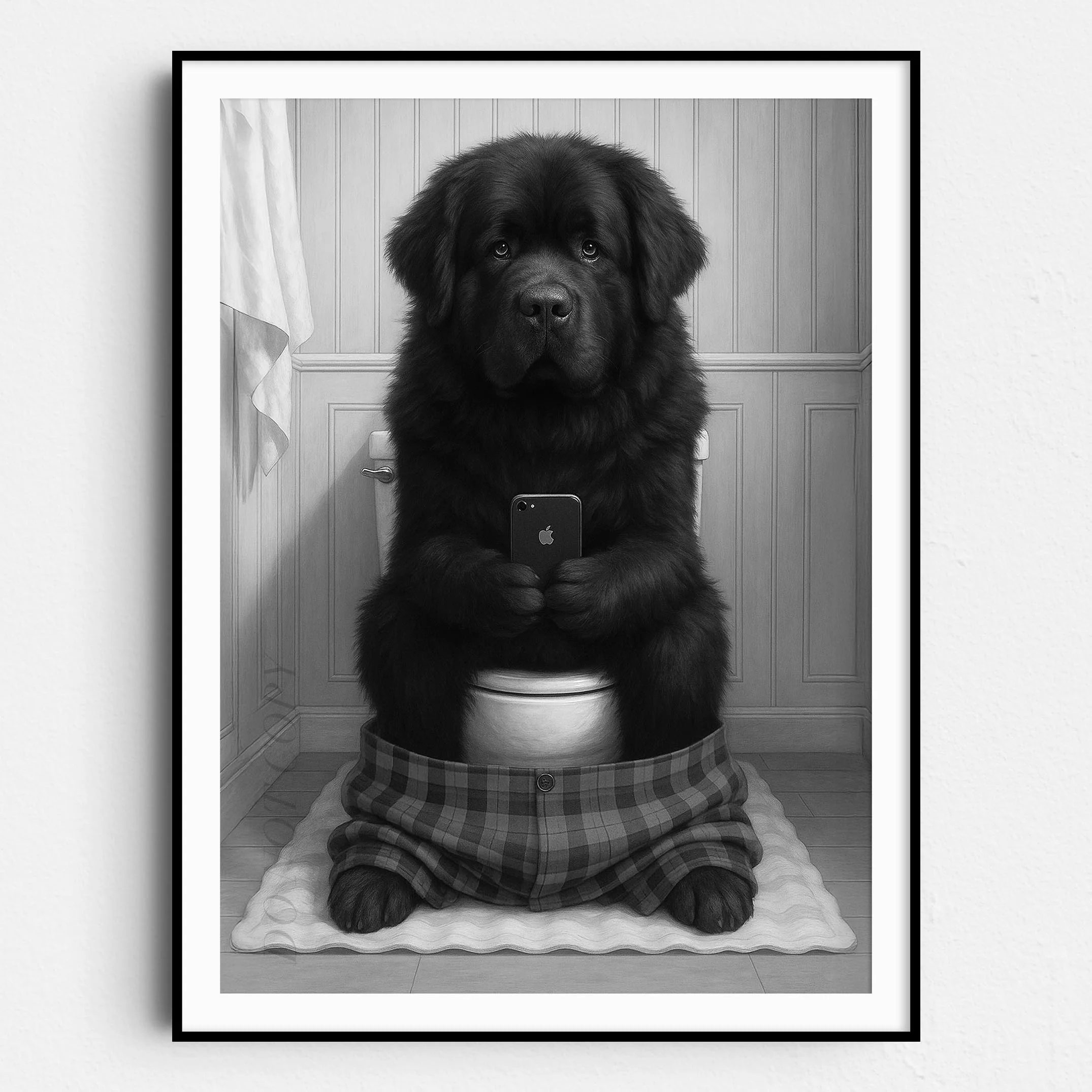 Newfoundland Dog On The Phone On The Toilet