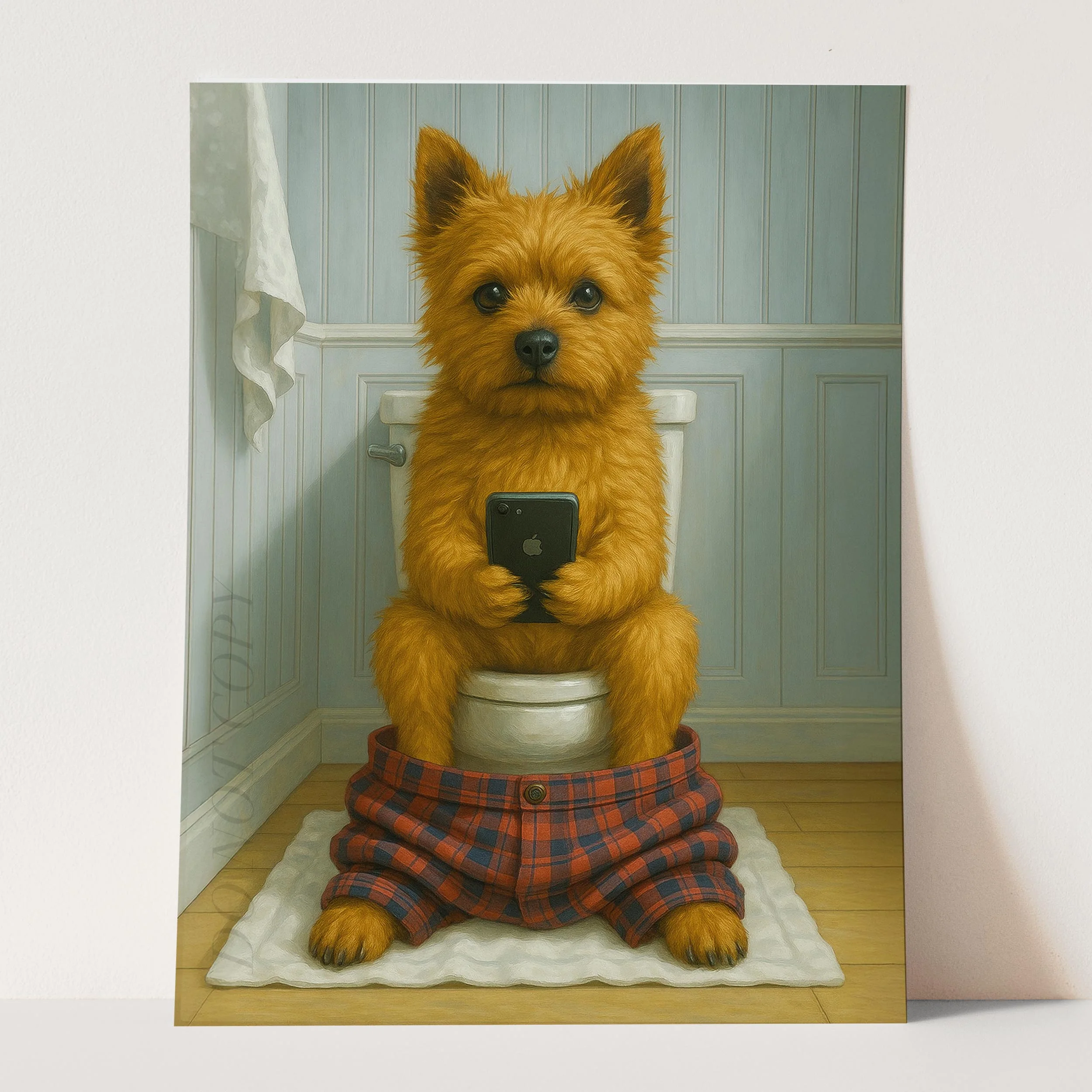 Norwich Terrier Dog On The Phone On The Toilet - Image 3