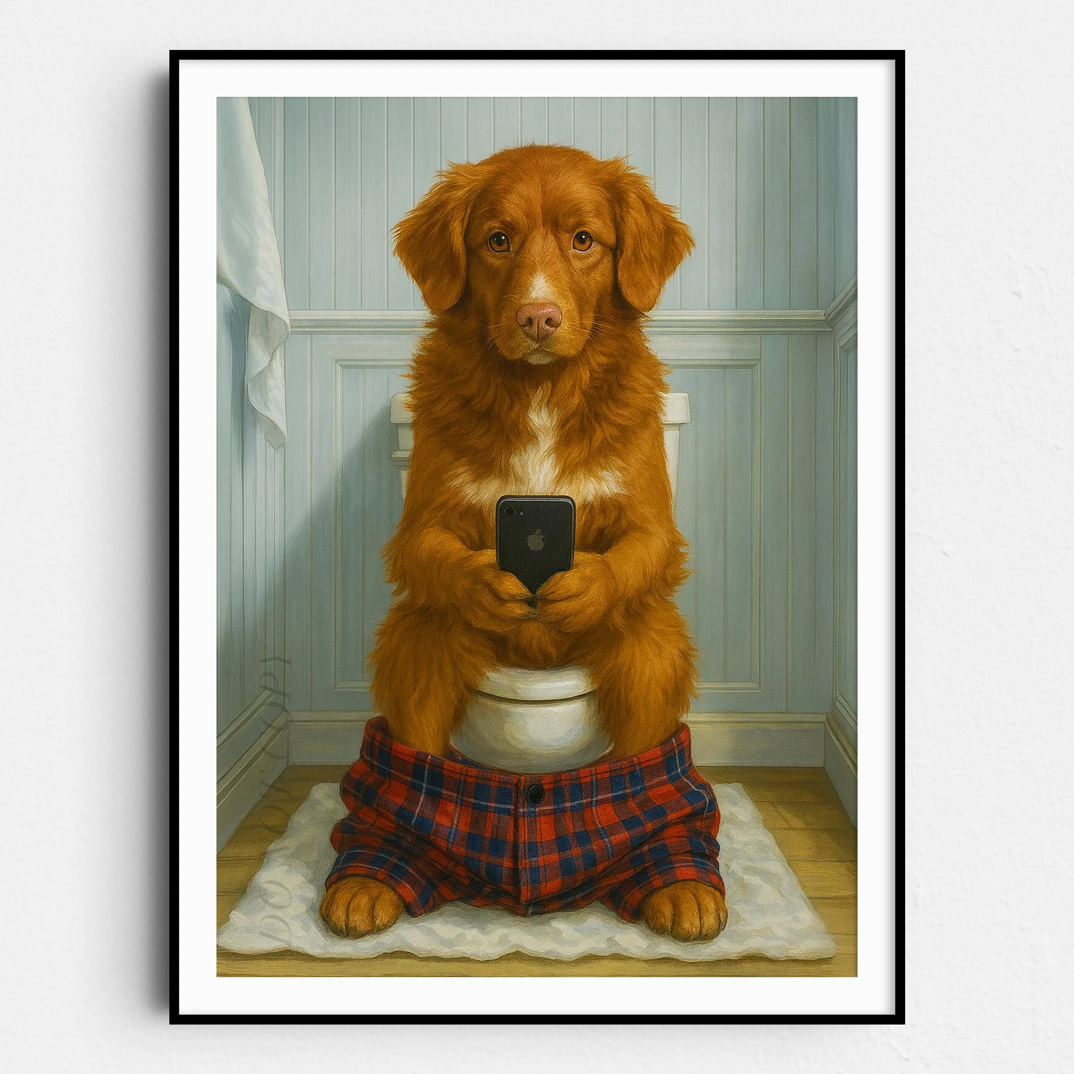 Nova Scotia Duck Tolling Retriever Dog On The Phone On The Toilet