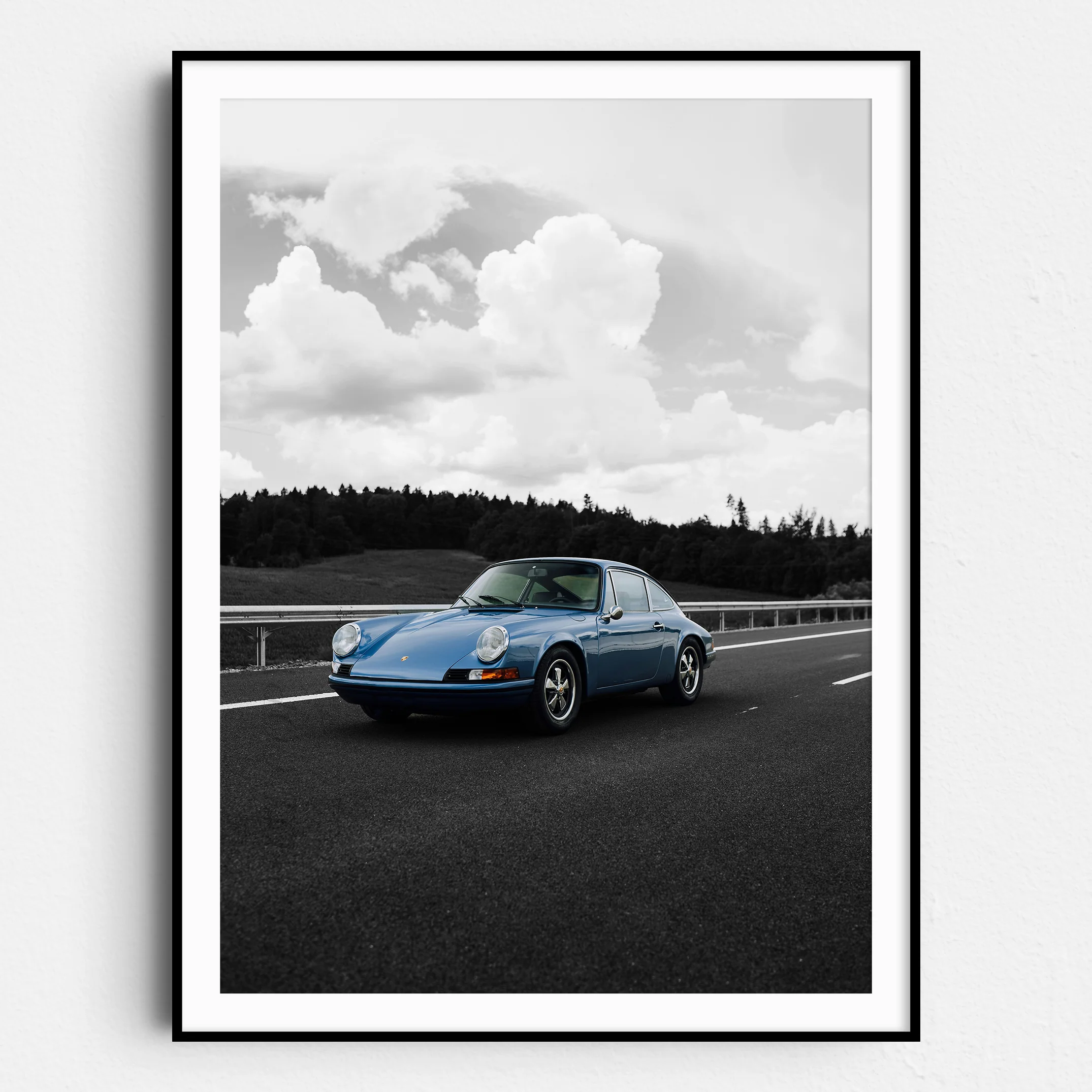 Old Blue Porsche Landscape on Black & White