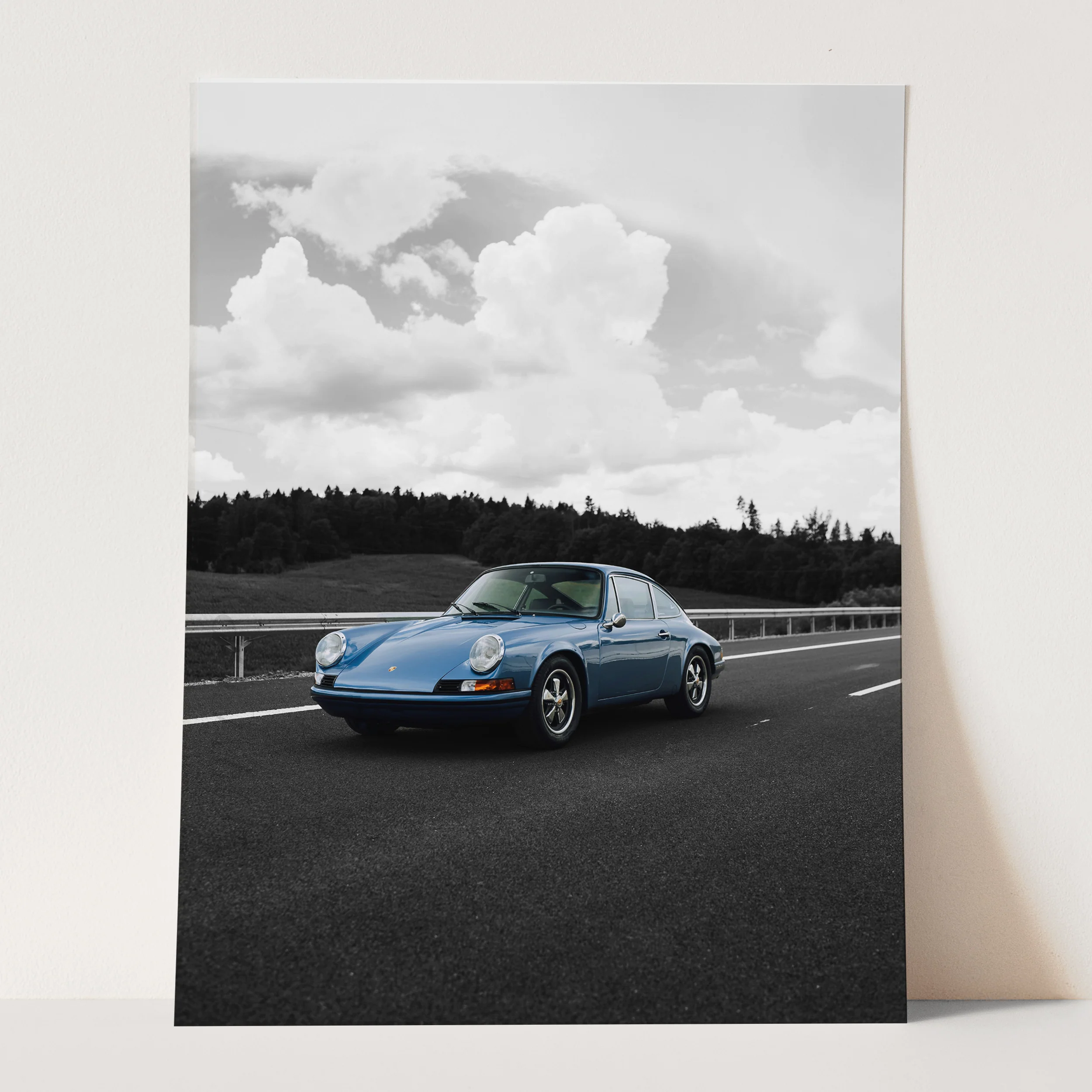 Old Blue Porsche Landscape on Black & White - Image 3