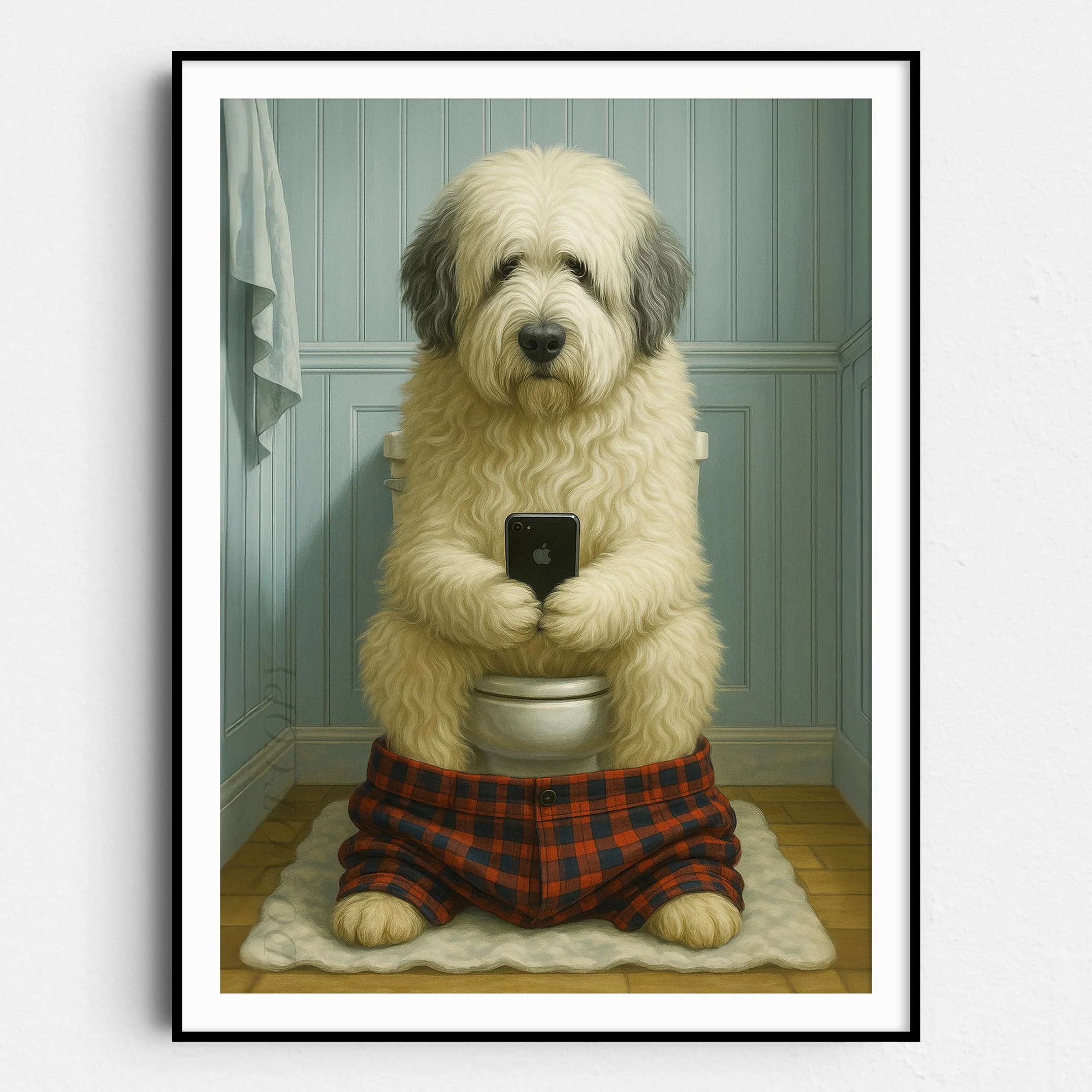 Old English Sheepdog On The Phone On The Toilet