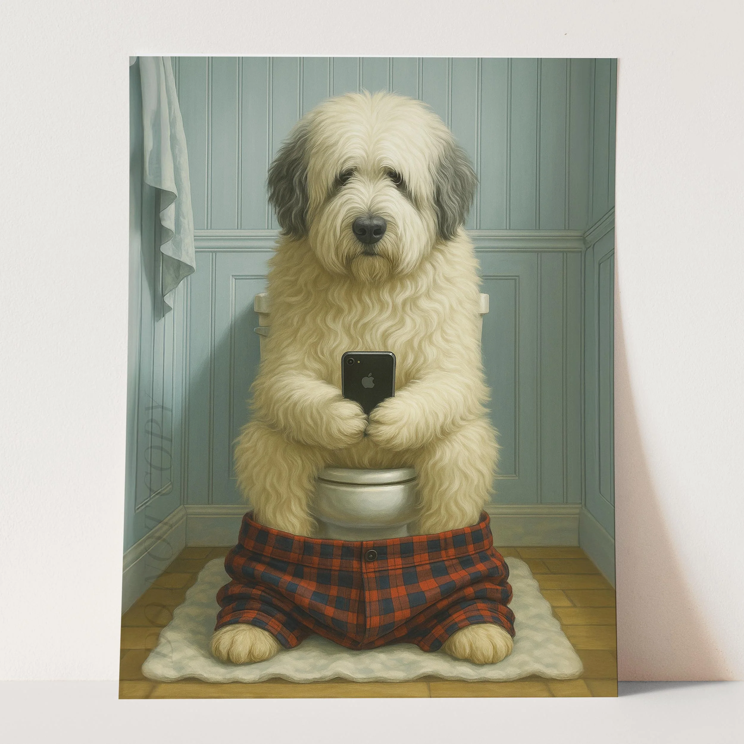 Old English Sheepdog On The Phone On The Toilet - Image 3