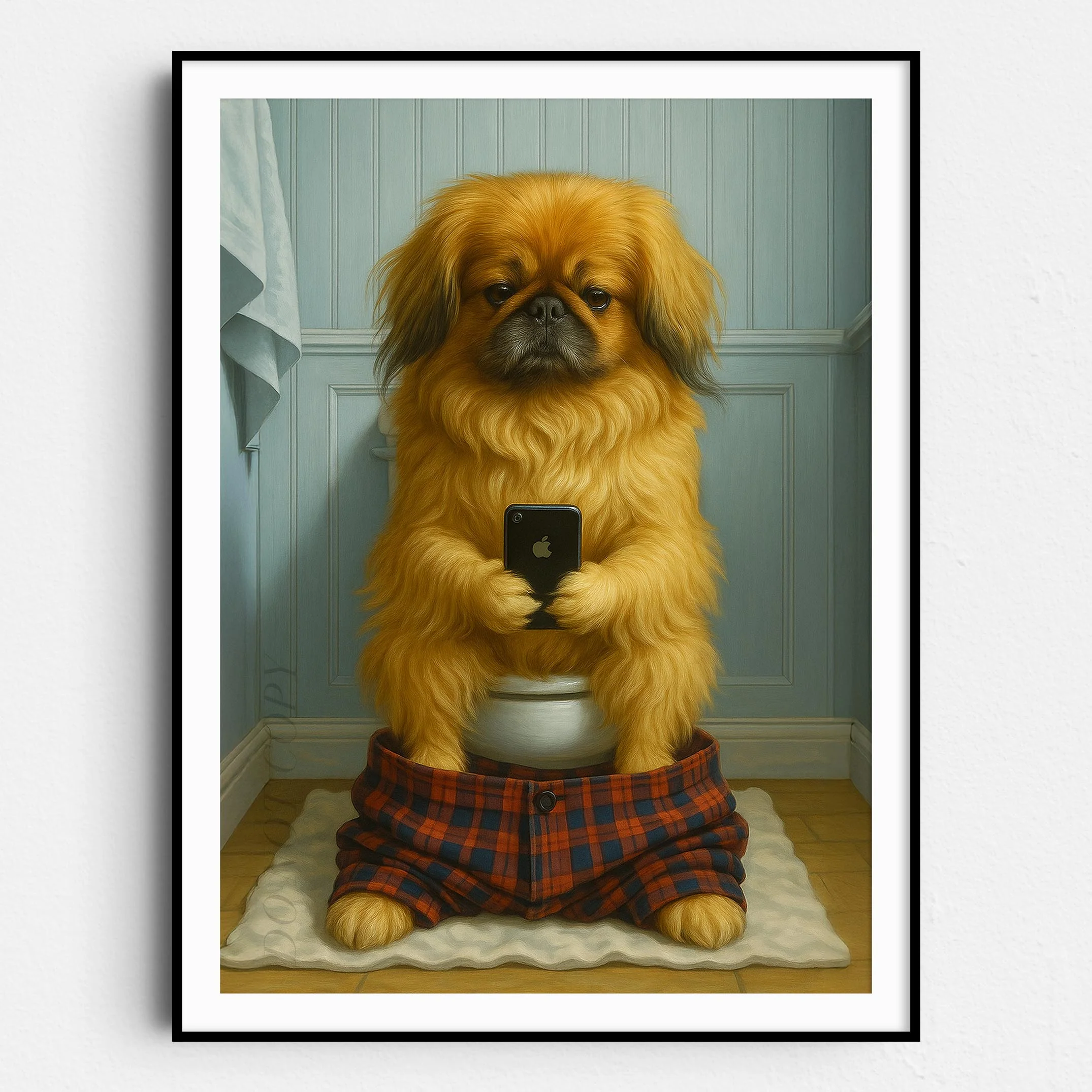Pekingese Dog On The Phone On The Toilet