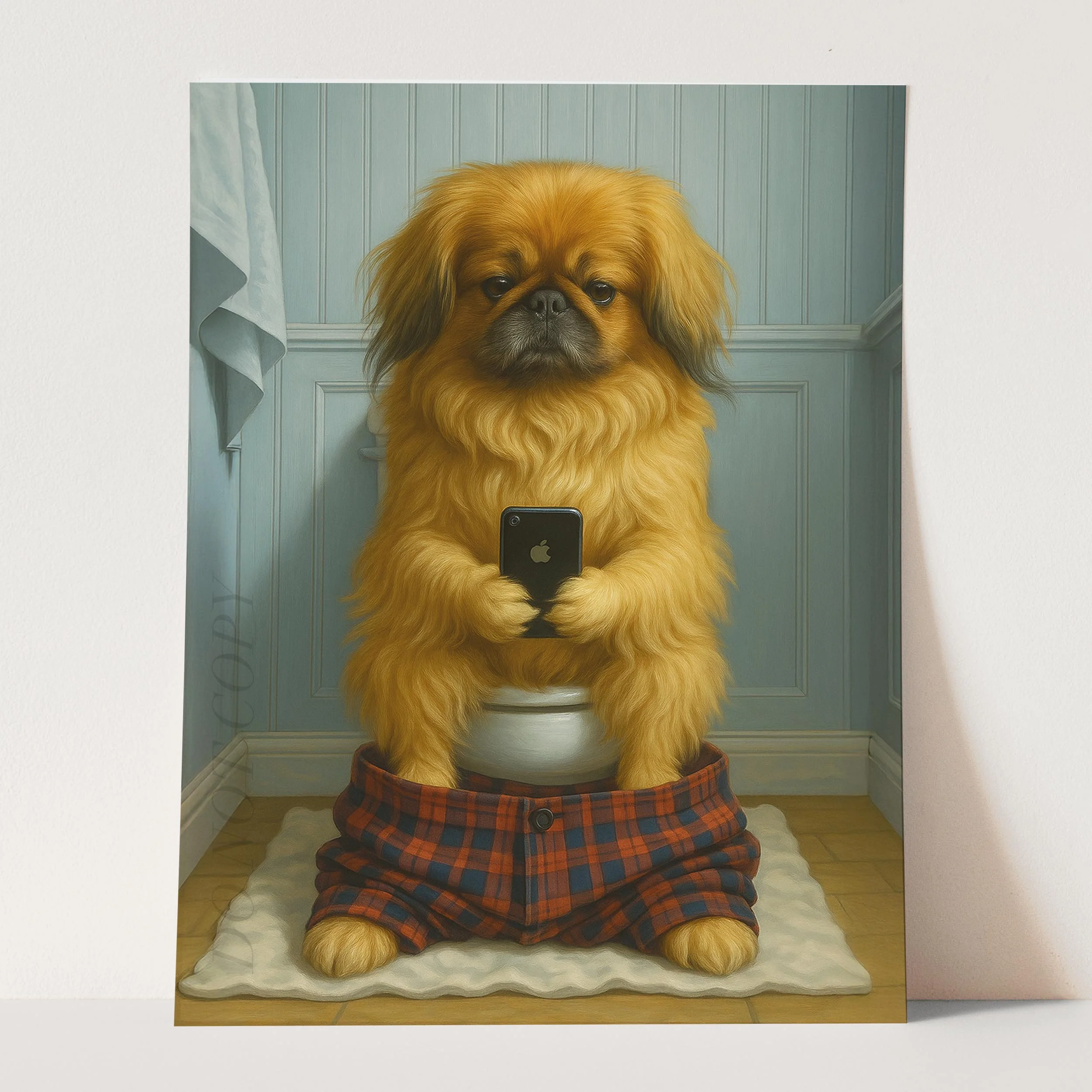 Pekingese Dog On The Phone On The Toilet - Image 3