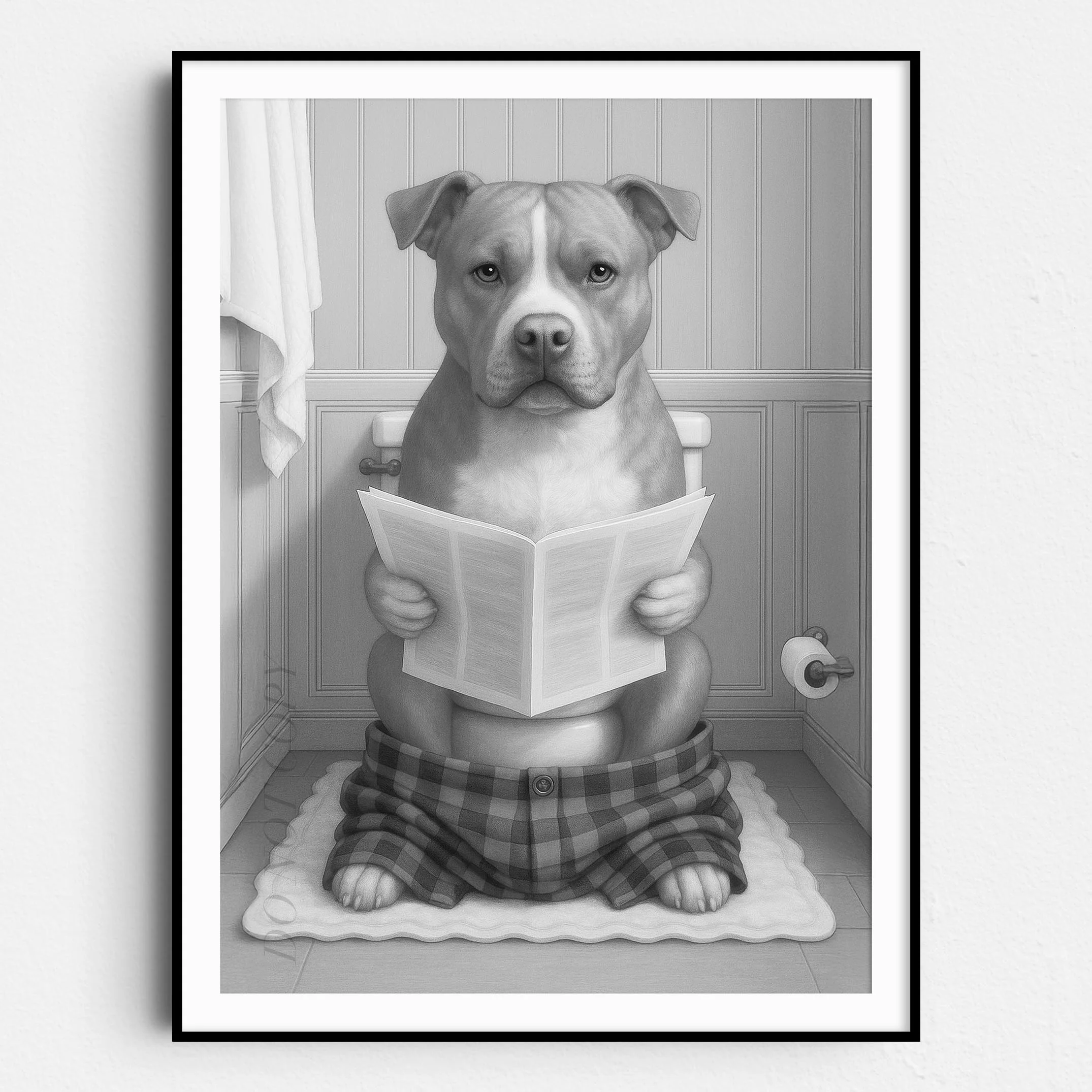 Pit Bull Dog Reading The Newspaper On The Toilet