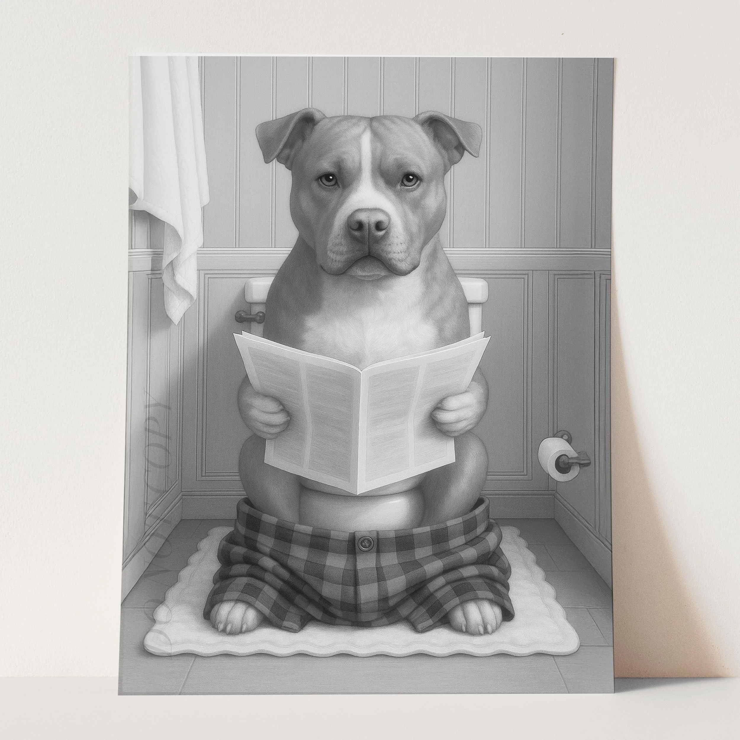 Pit Bull Dog Reading The Newspaper On The Toilet - Image 3