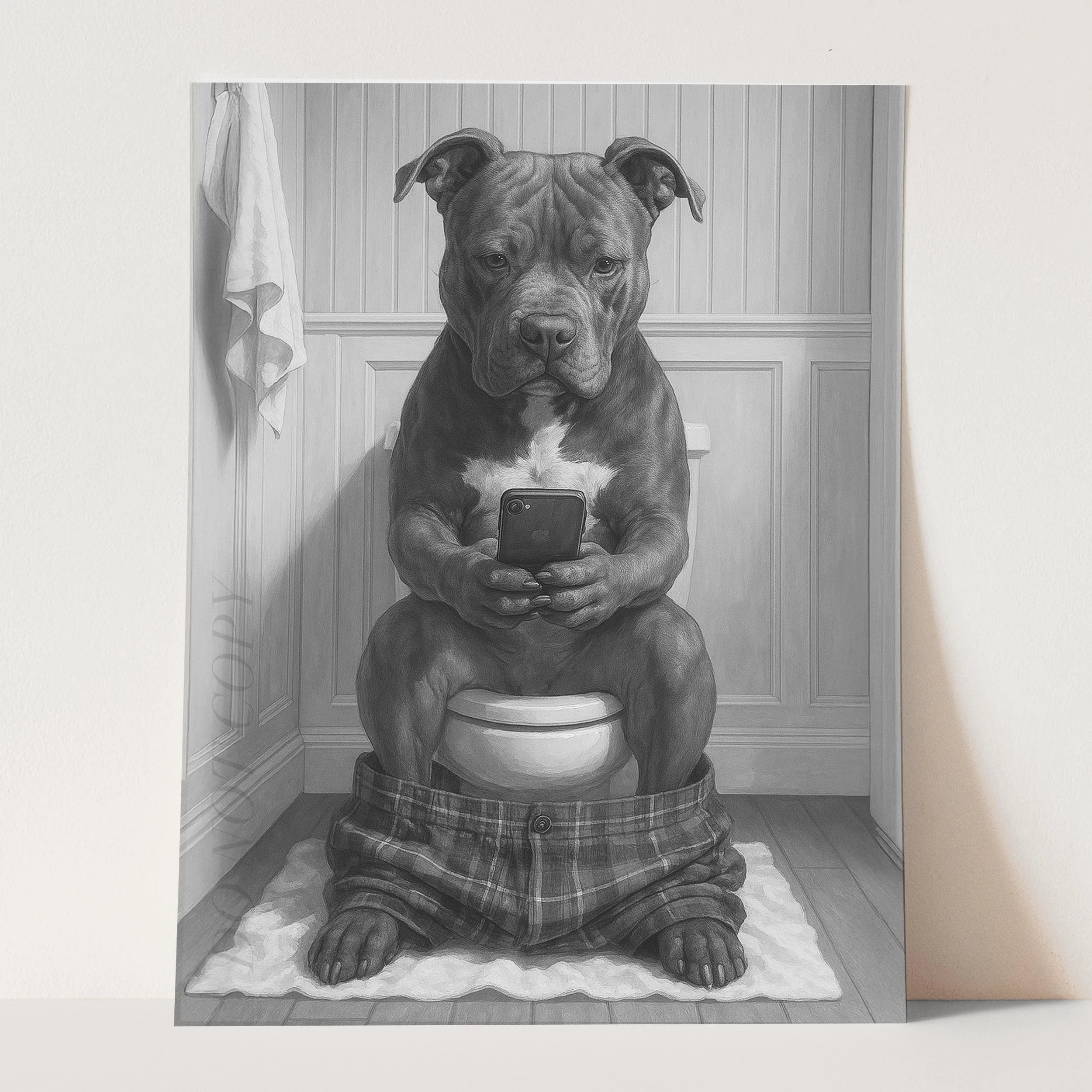 Pit Bull Terrier Dog On The Phone On The Toilet - Image 3