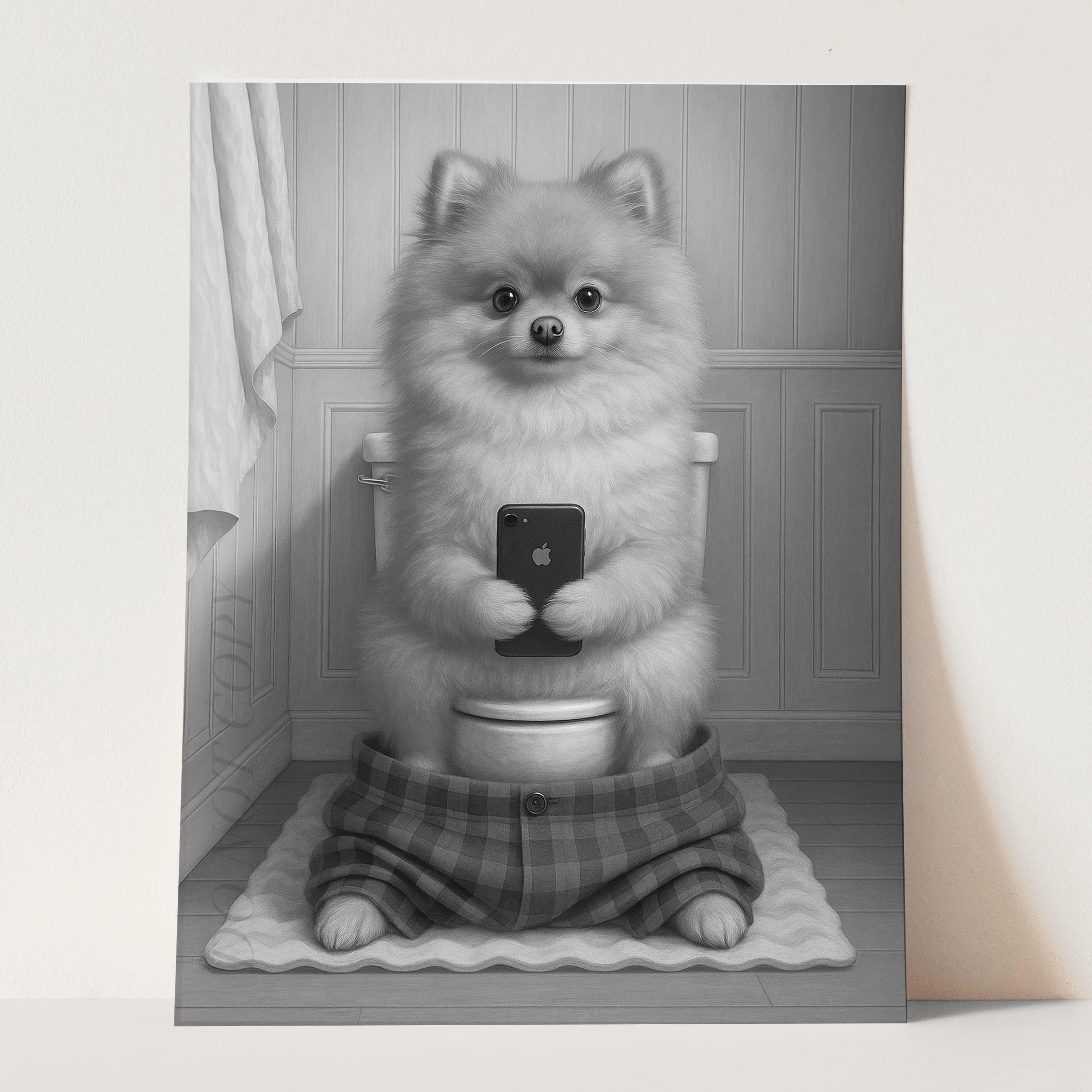 Pomeranian Dog On The Phone On The Toilet - Image 3