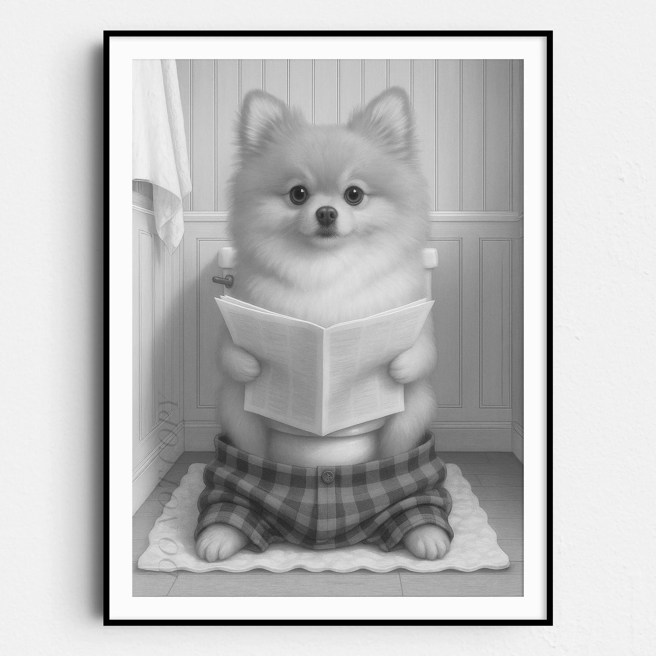 Pomeranian Dog Reading The Newspaper On The Toilet