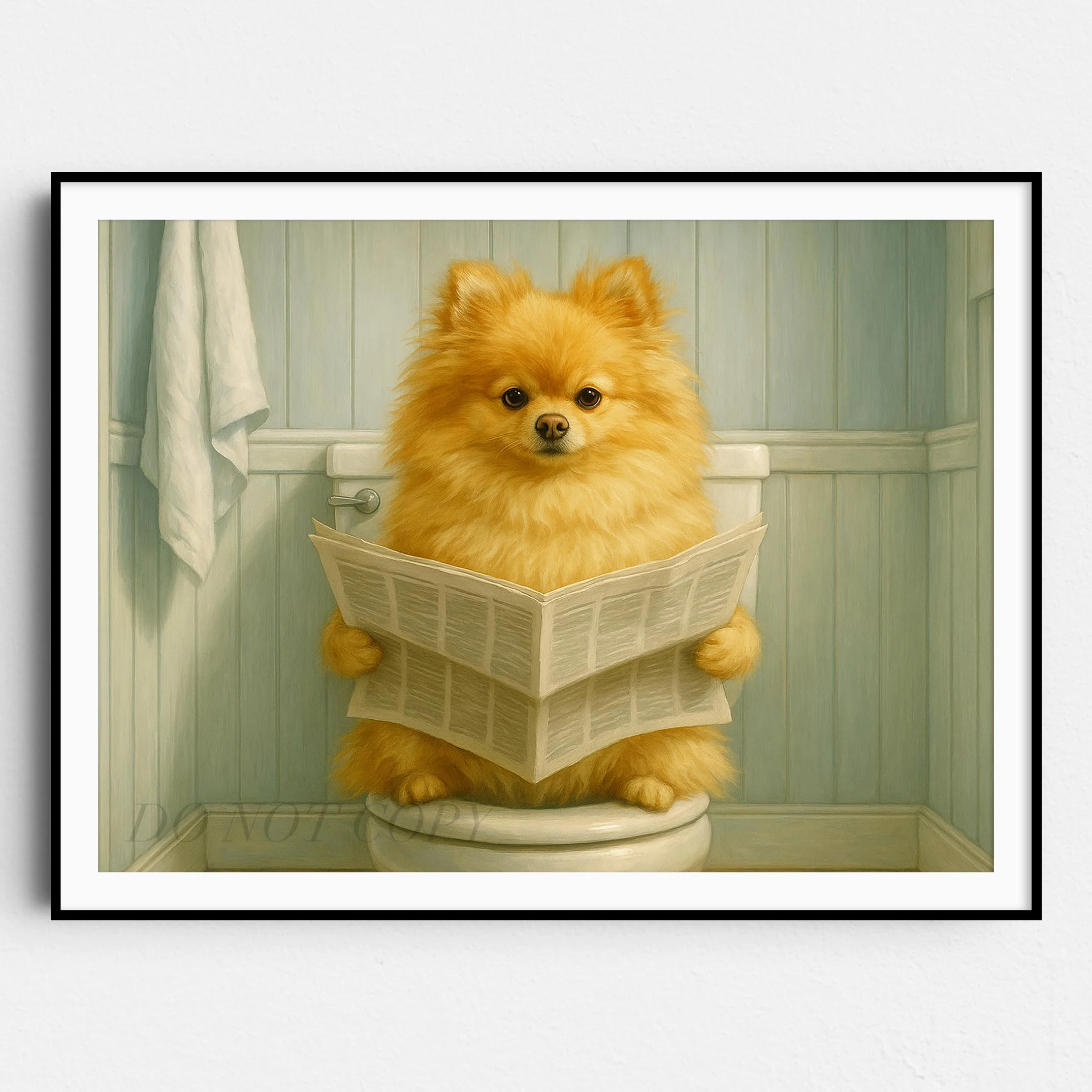 Pomeranian Dog Reading The Newspaper On The Toilet