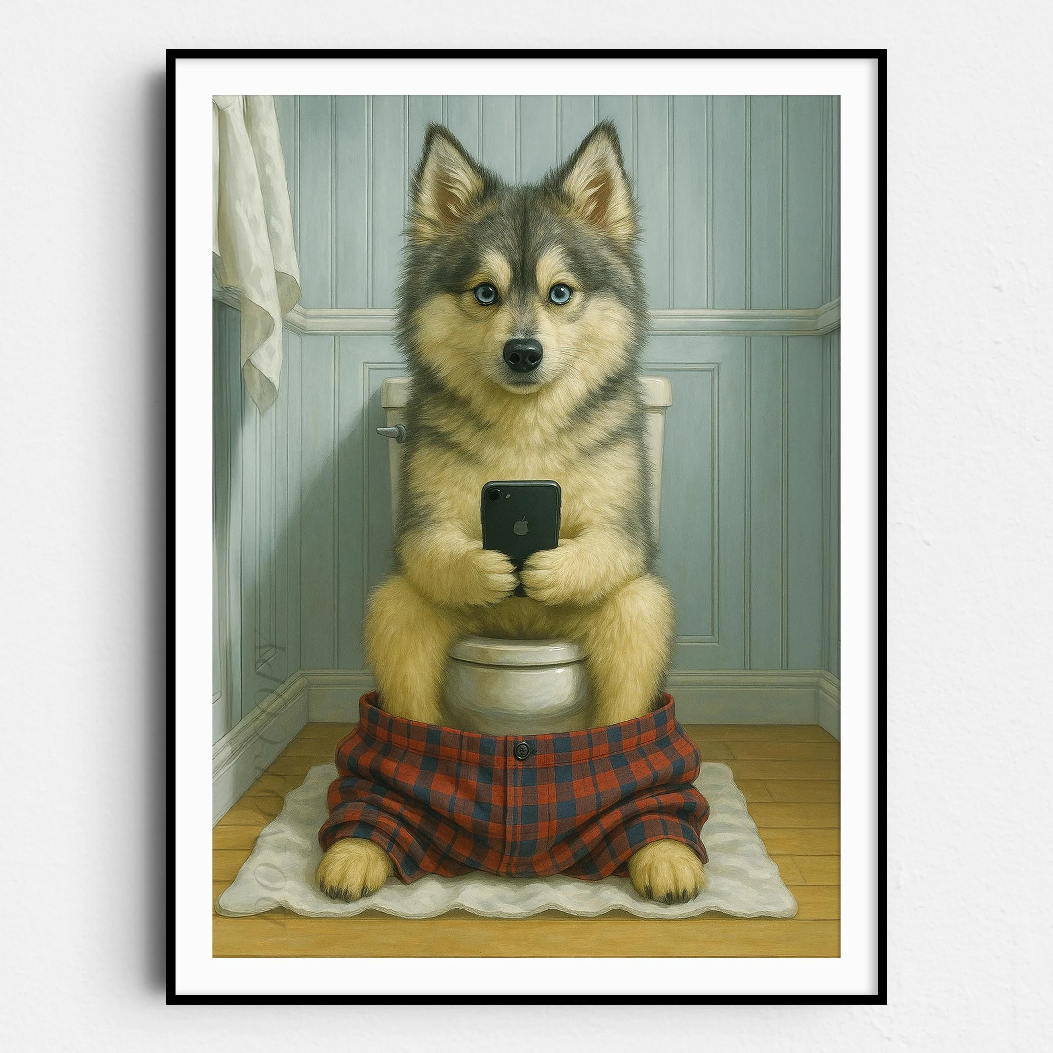 Pomsky Dog On The Phone On The Toilet