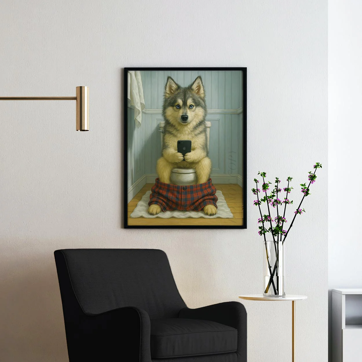 Pomsky Dog On The Phone On The Toilet - Image 2