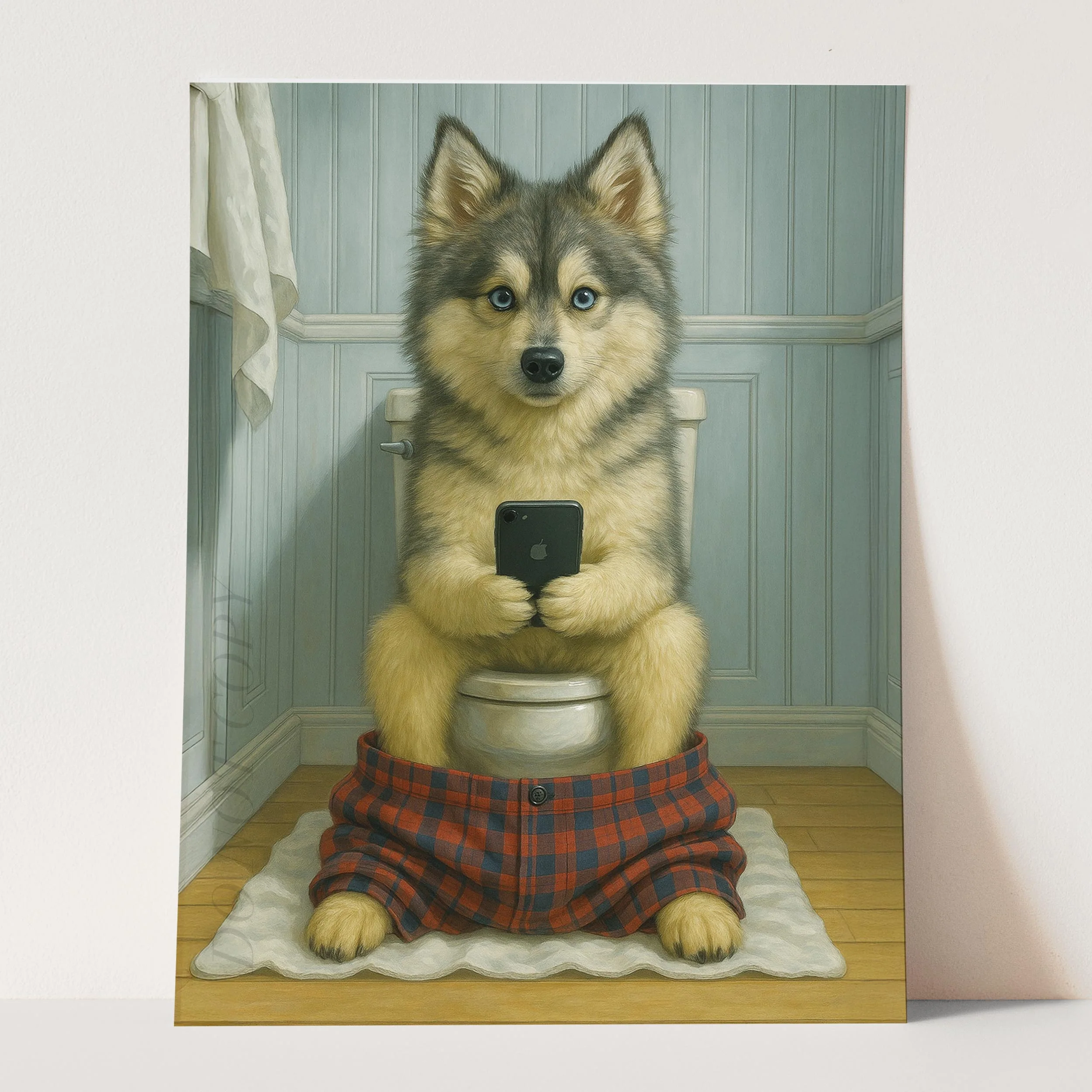 Pomsky Dog On The Phone On The Toilet - Image 3