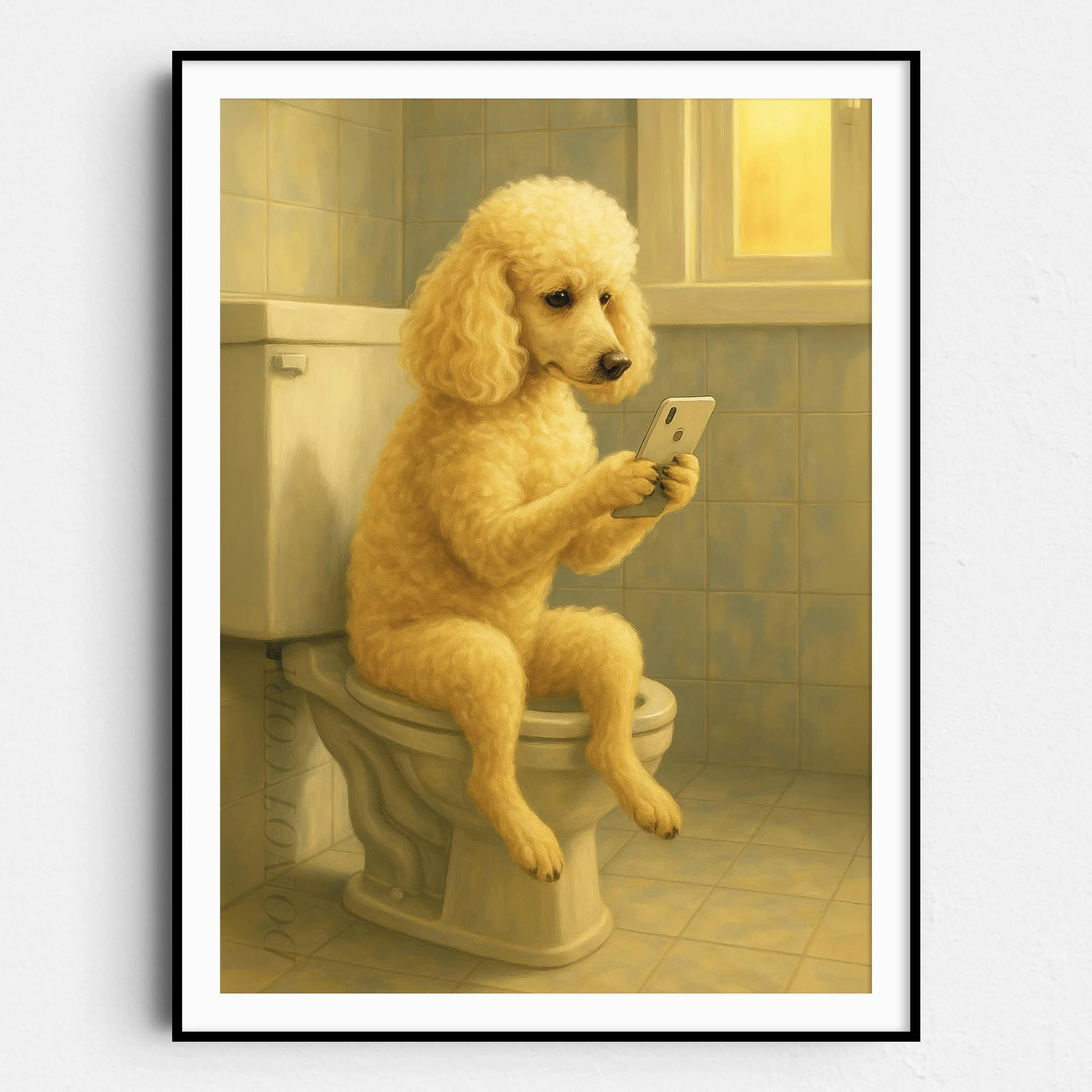 Poodle Dog On The Phone On The Toilet