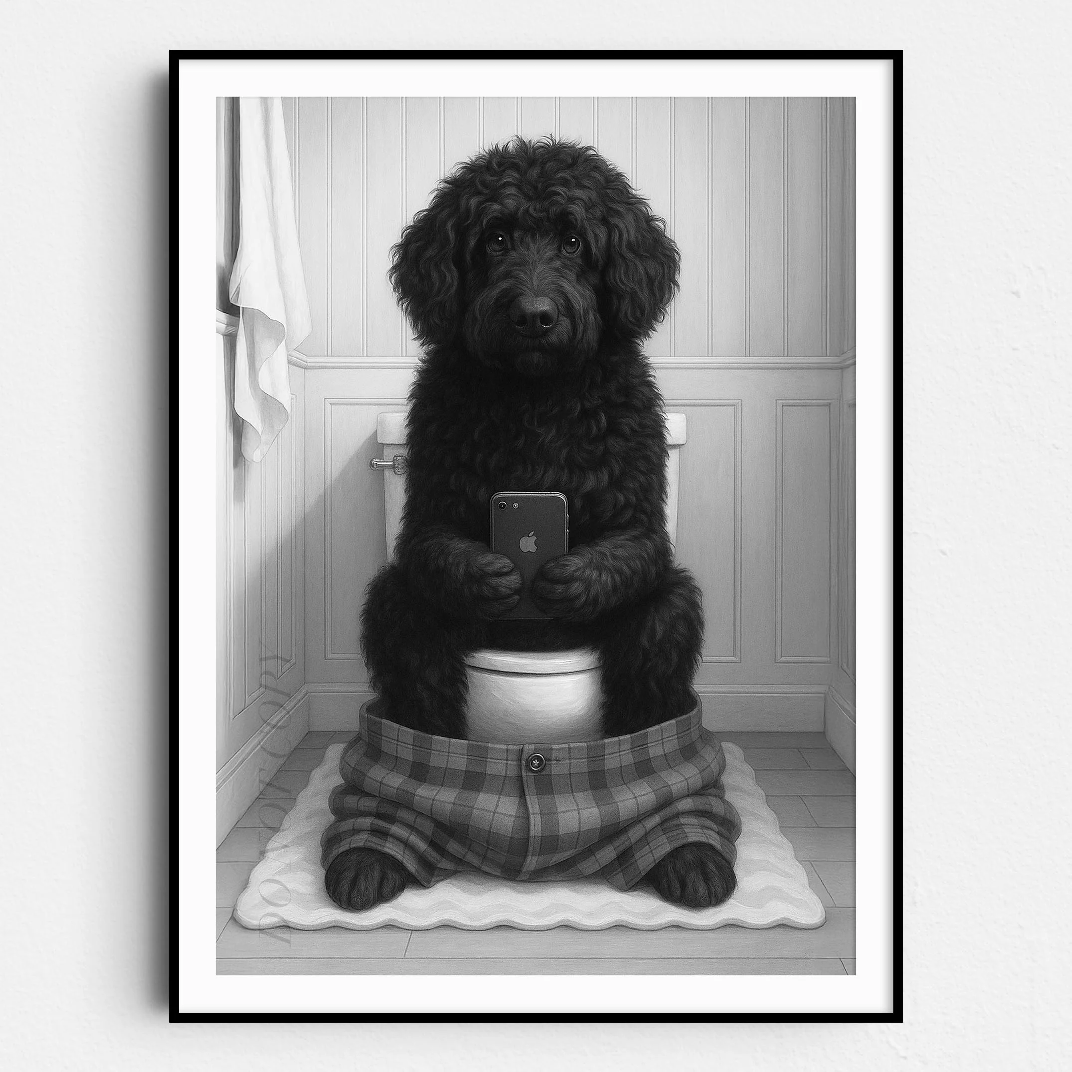 Portuguese Water Dog On The Phone On The Toilet