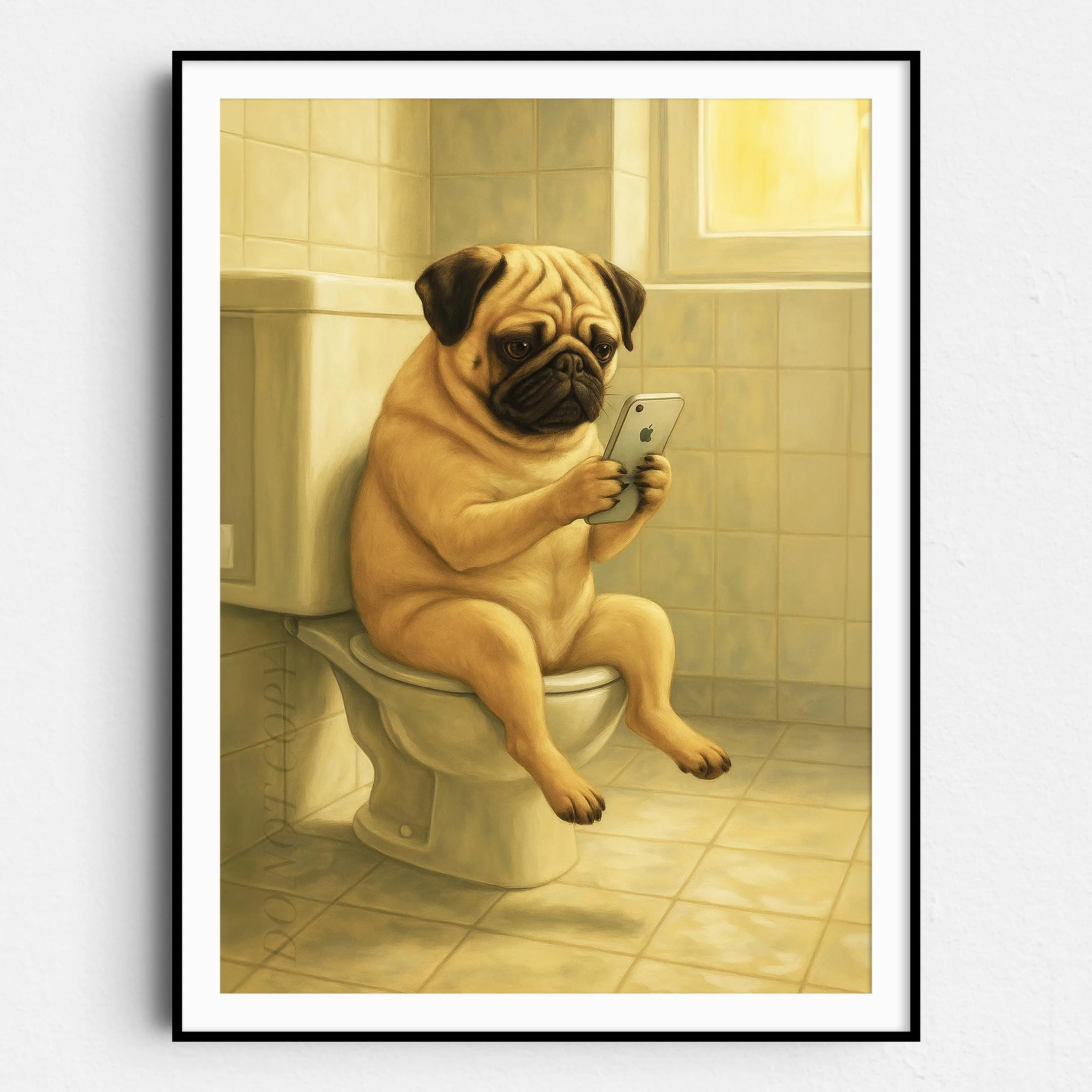 Pug Dog On The Phone On The Toilet
