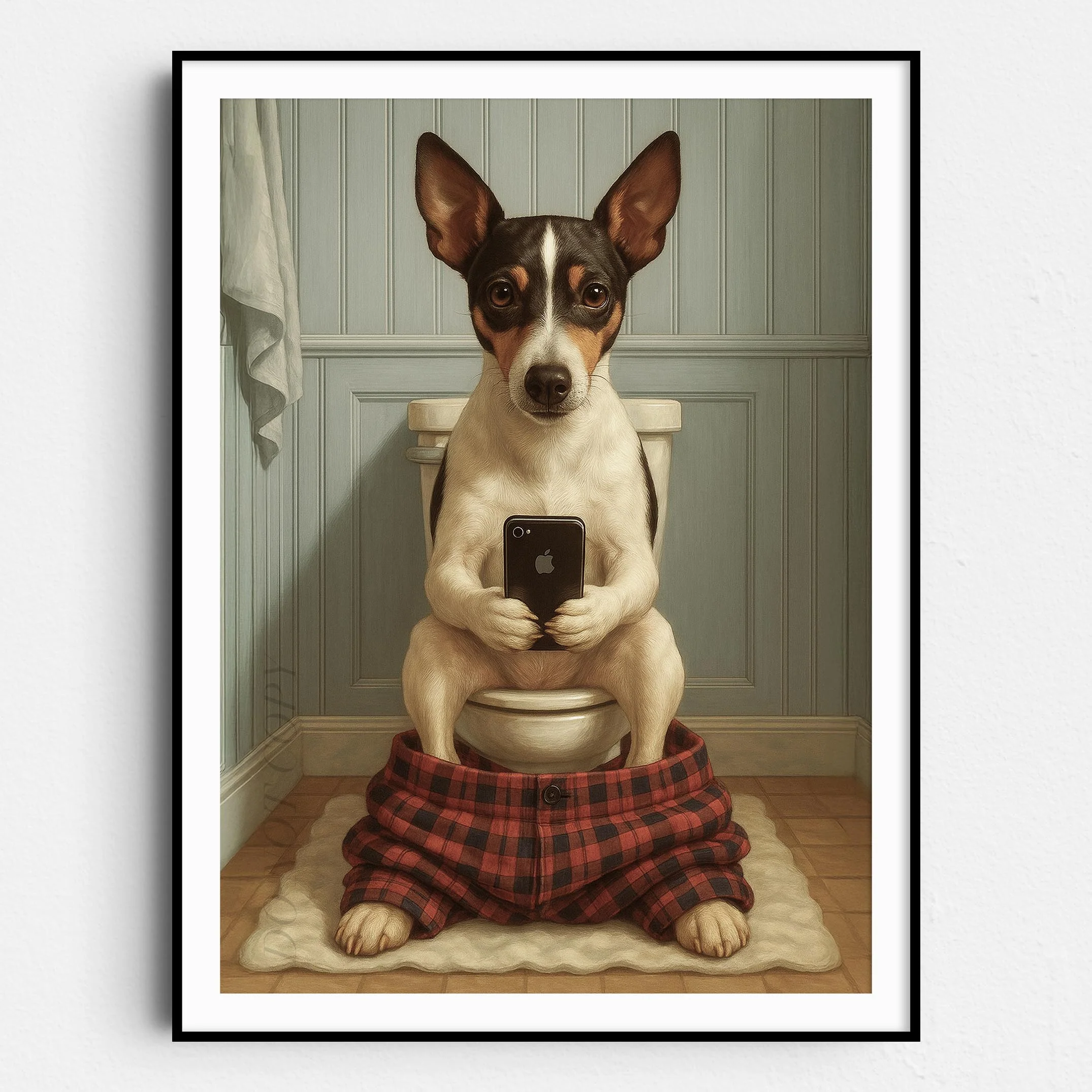Rat Terrier Dog On The Phone On The Toilet
