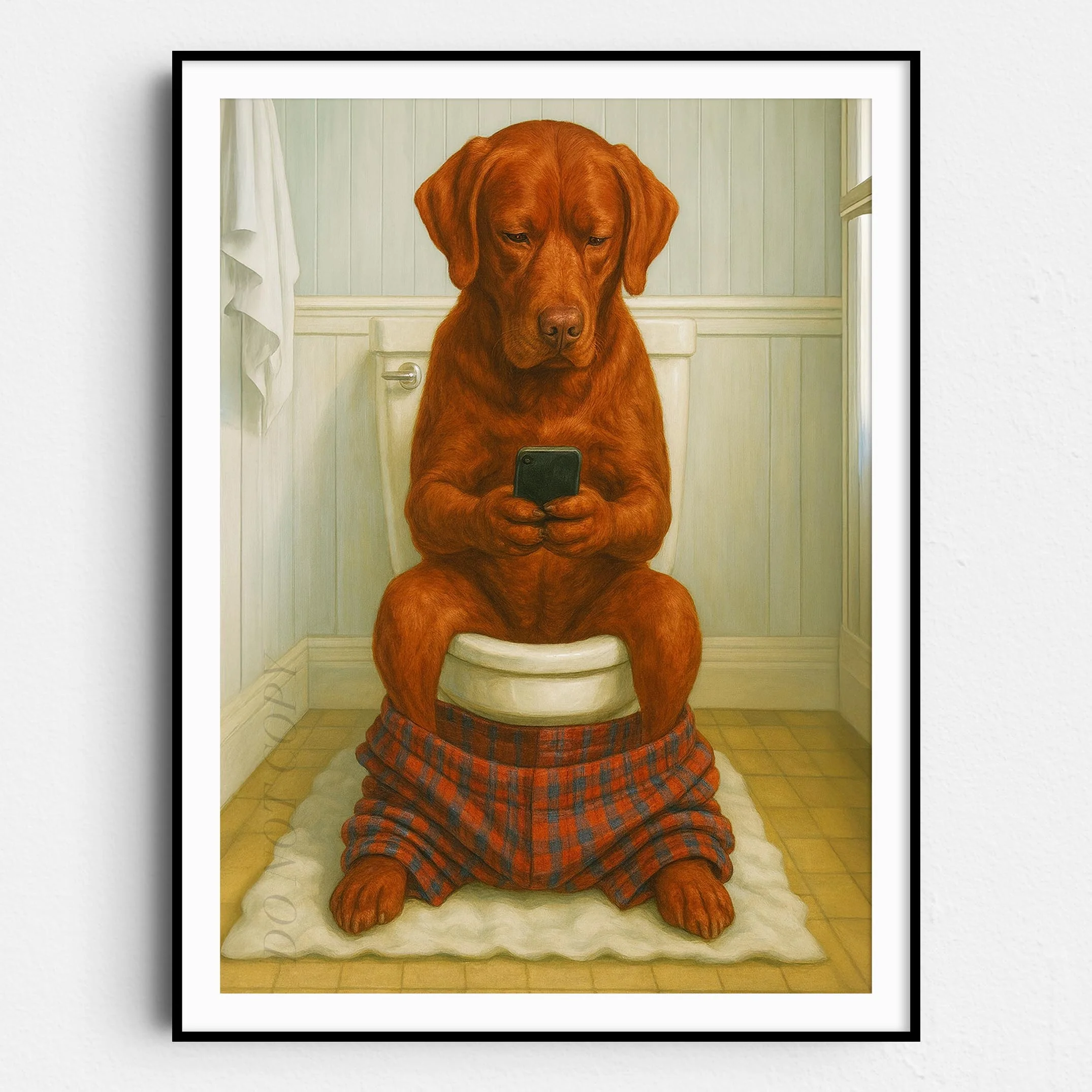 Red Labrador Retriever Dog On The Phone On The Toilet