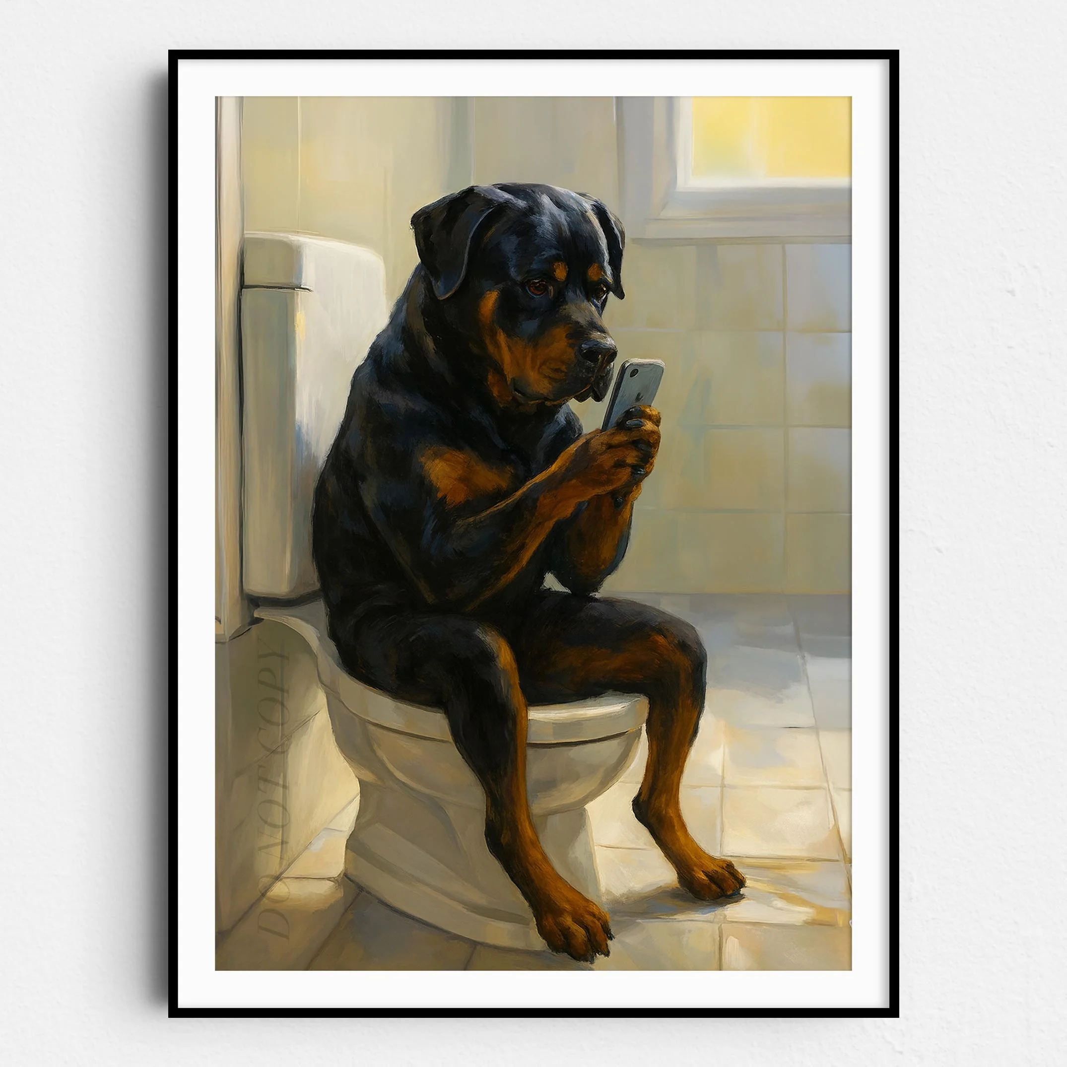 Rottweiler Dog On The Phone On The Toilet