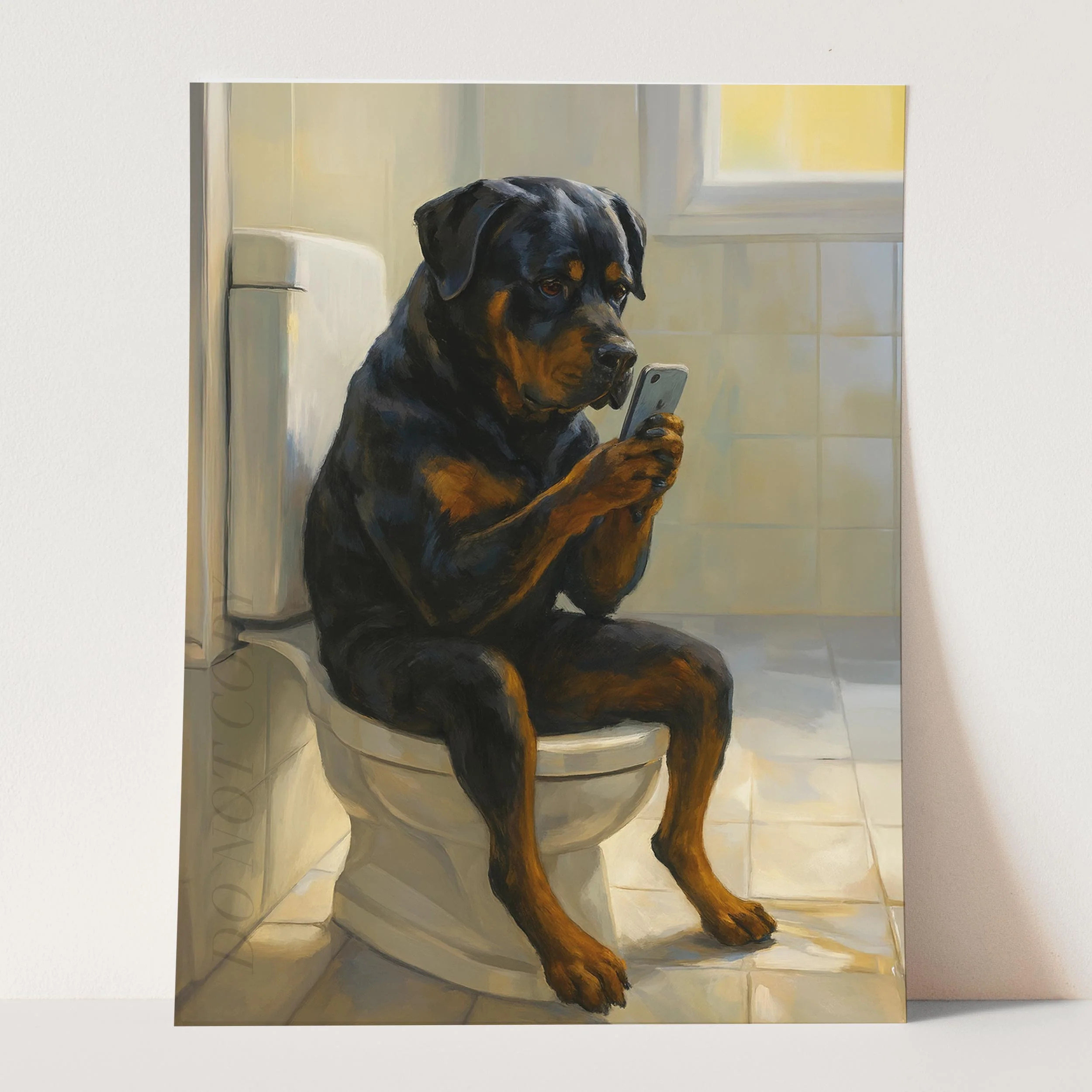 Rottweiler Dog On The Phone On The Toilet - Image 3