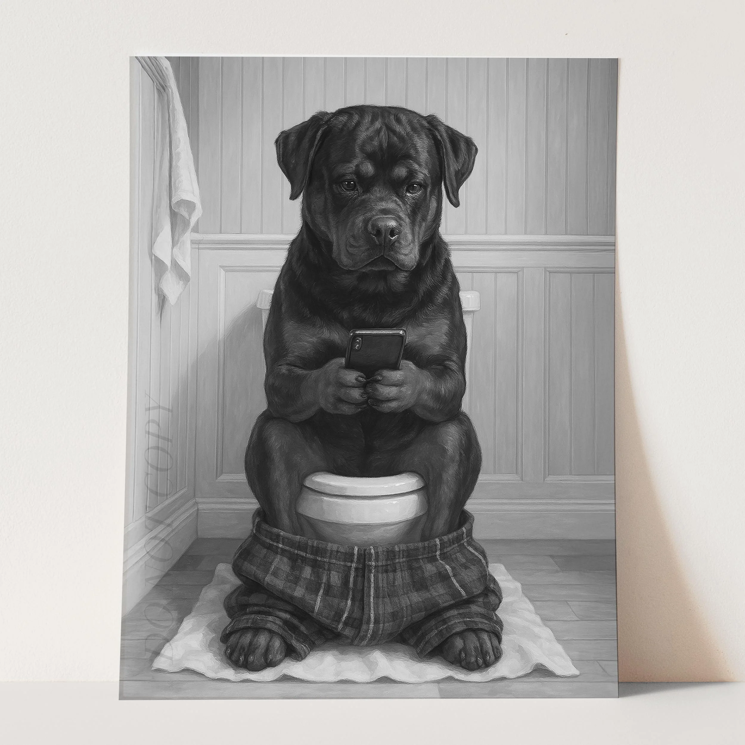 Rottweiler Dog On The Phone On The Toilet - Image 3