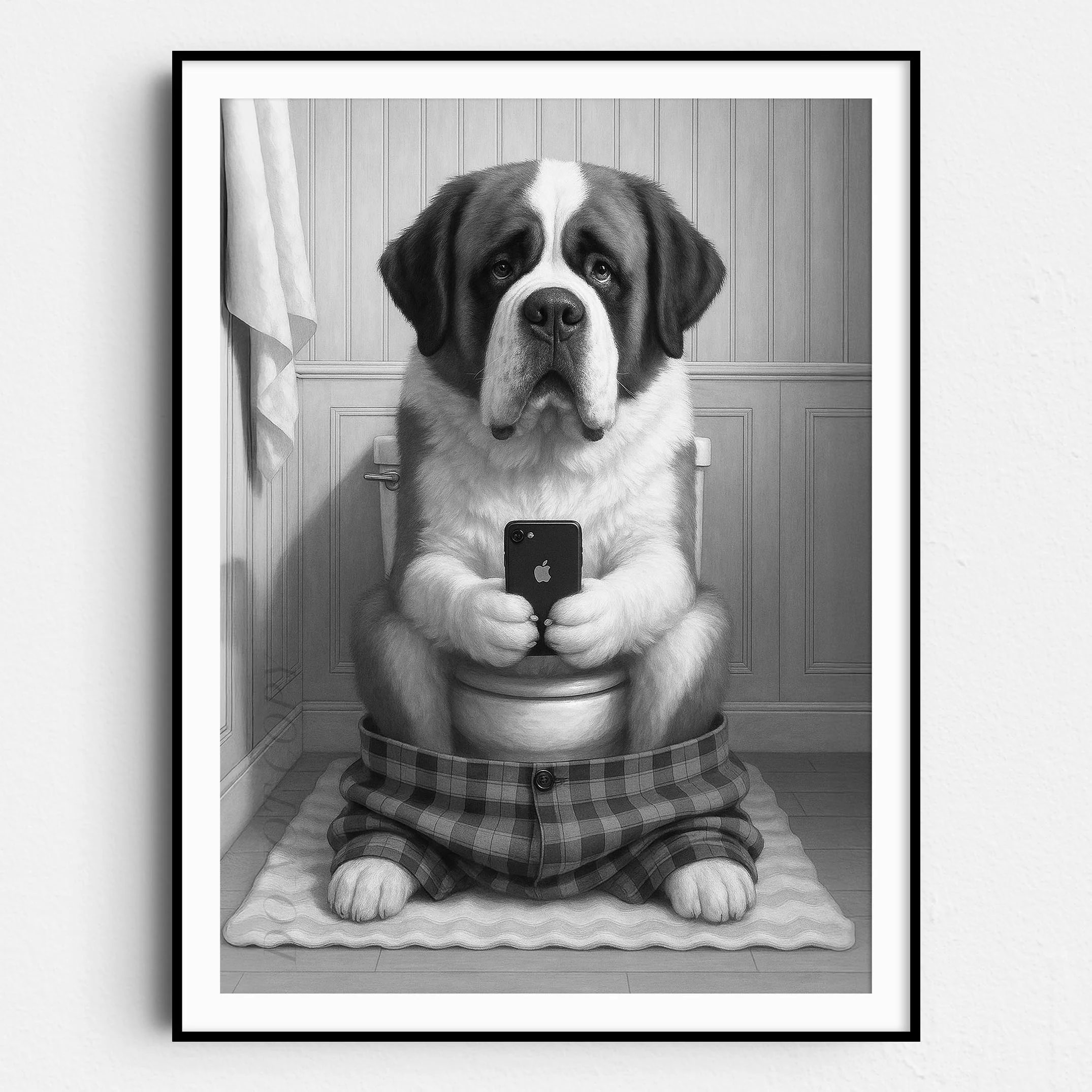 Saint Bernard Dog On The Phone On The Toilet