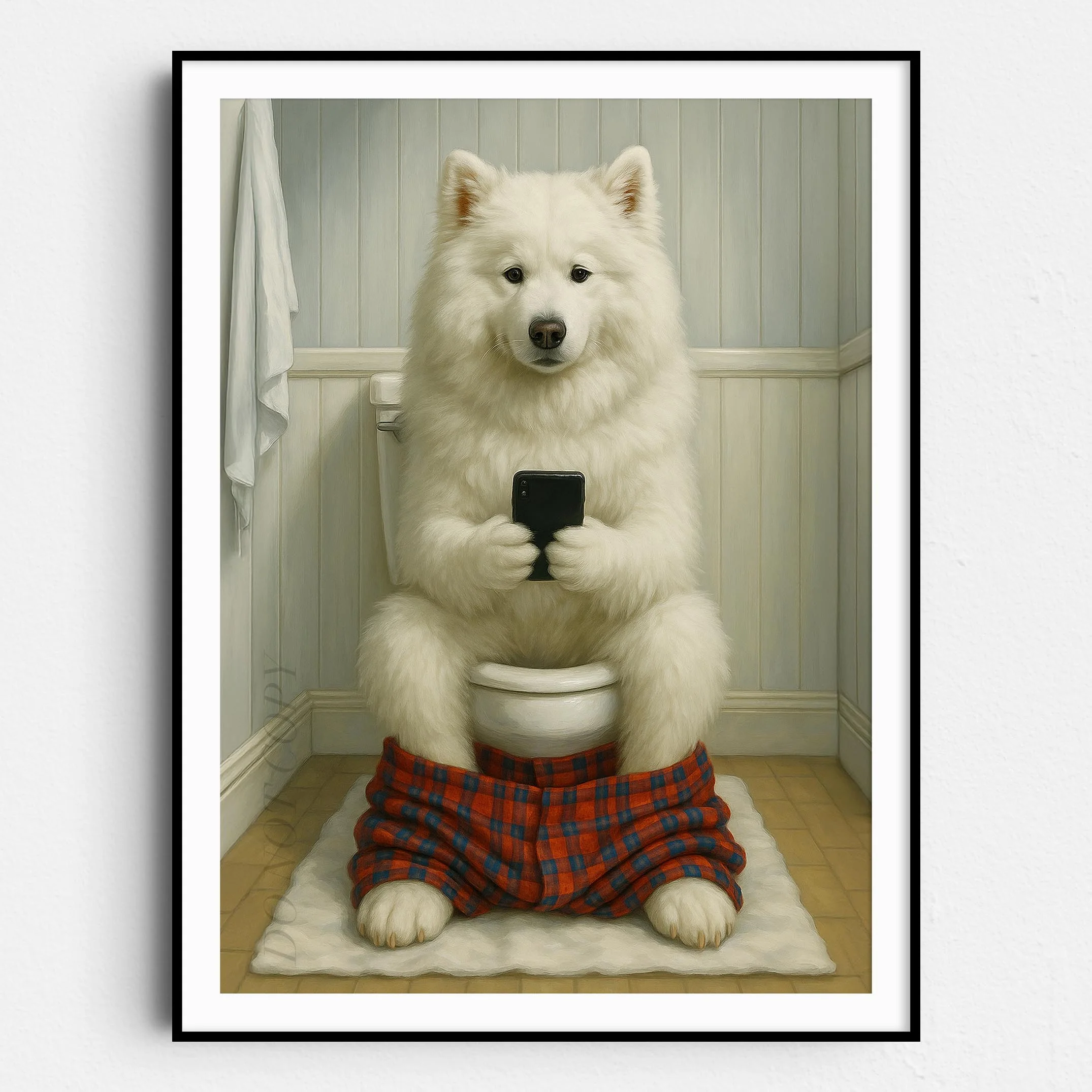 Samoyed Dog On The Phone On The Toilet