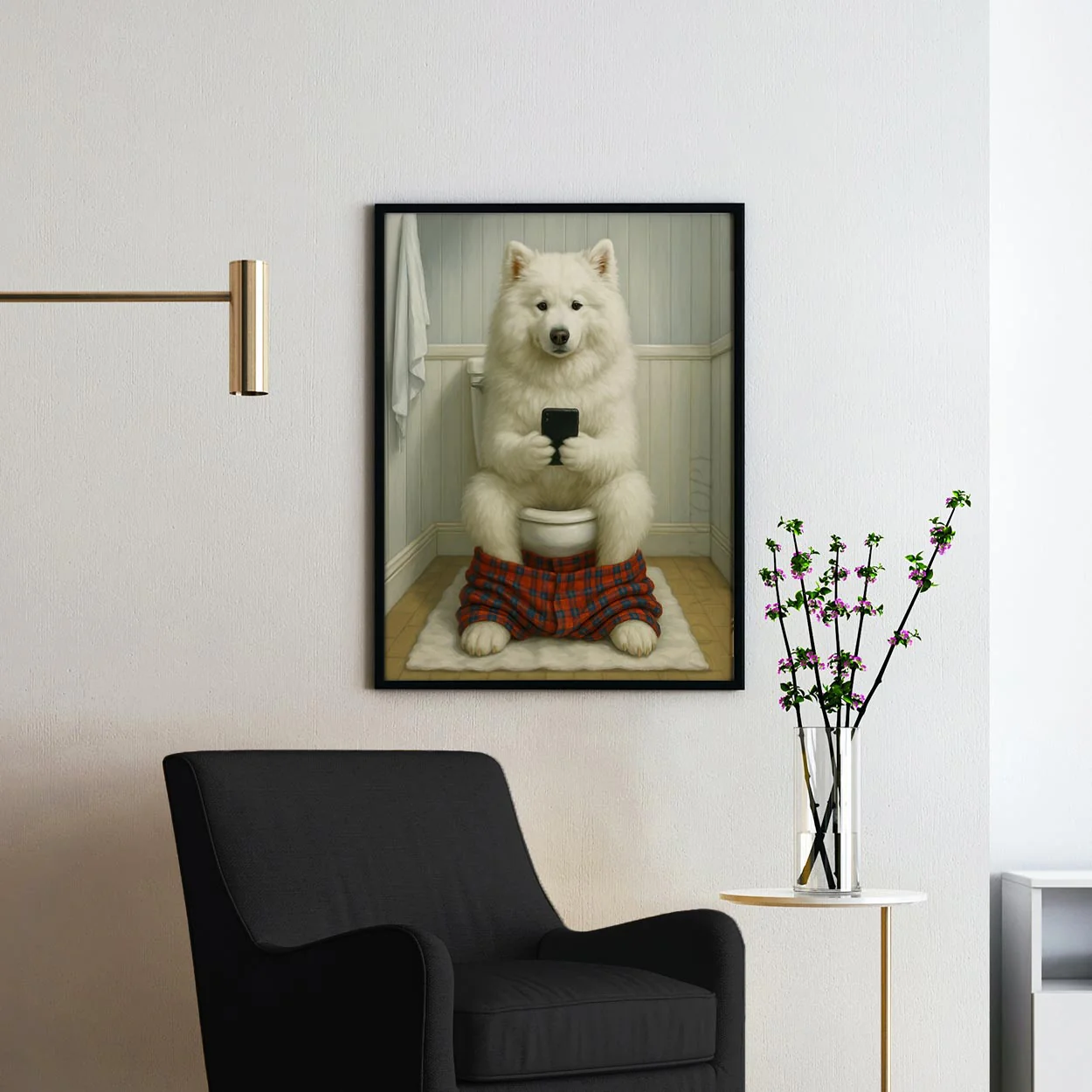 Samoyed Dog On The Phone On The Toilet - Image 2