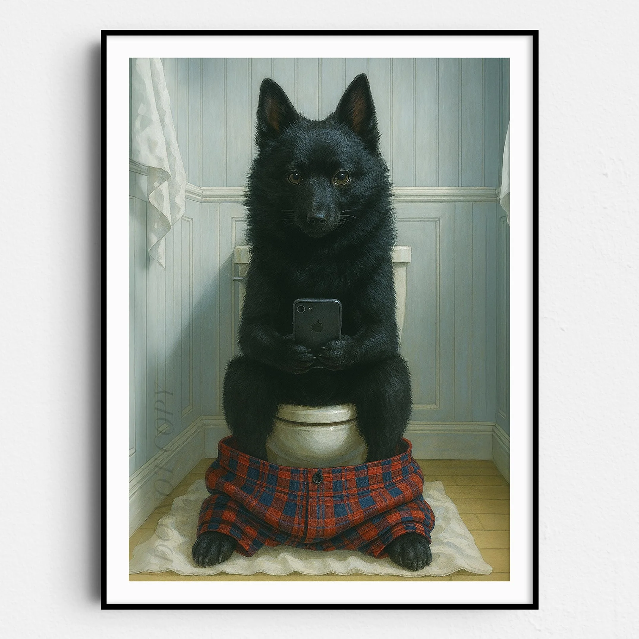 Schipperke Dog On The Phone On The Toilet