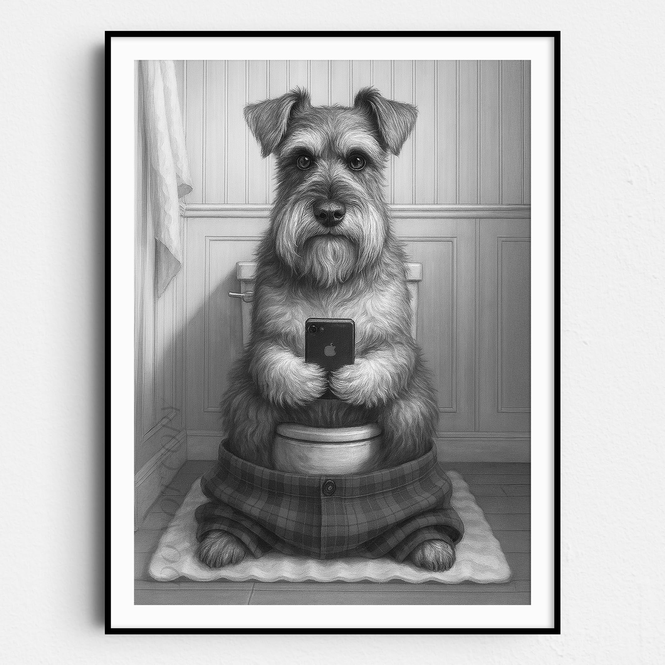 Schnauzer Dog On The Phone On The Toilet