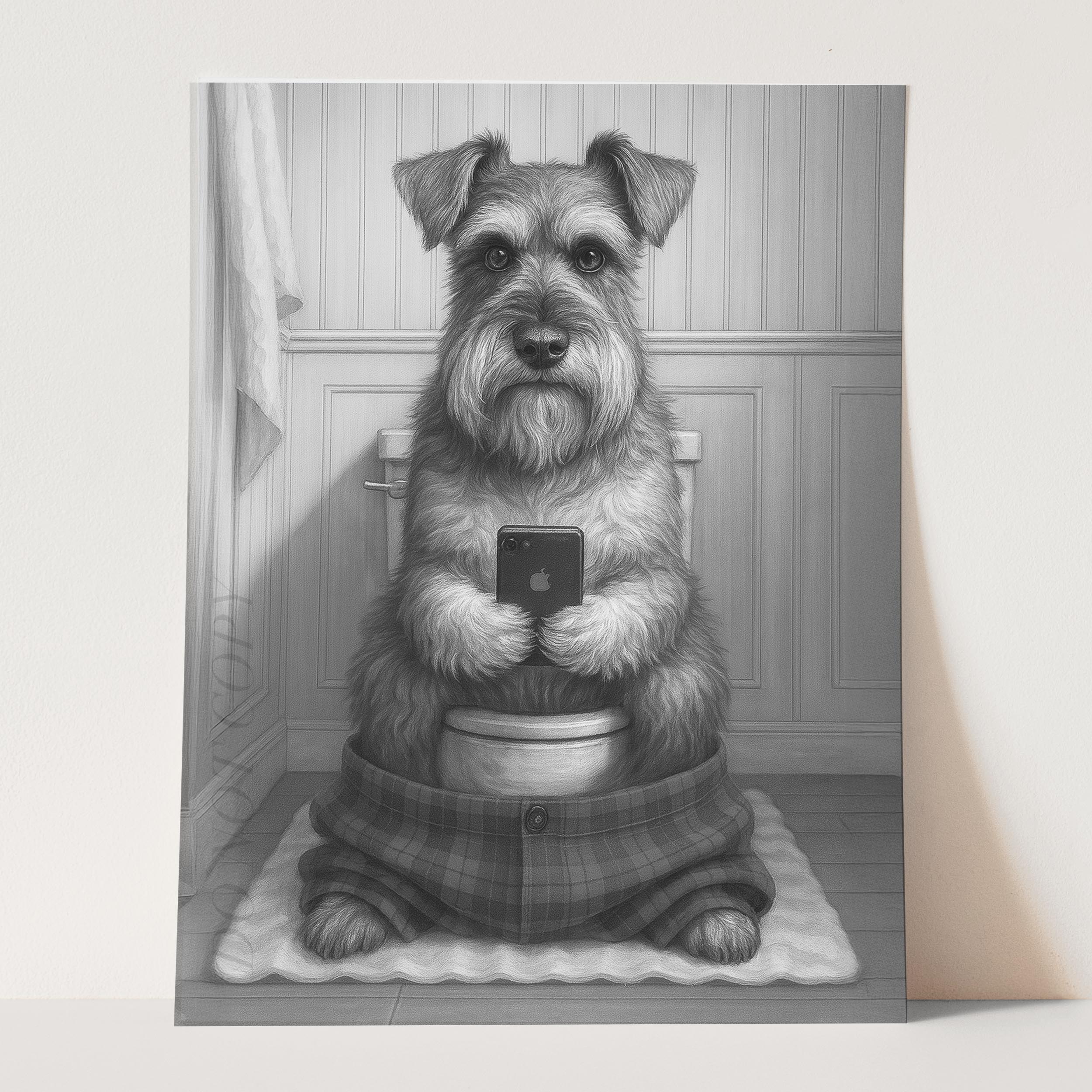 Schnauzer Dog On The Phone On The Toilet - Image 3