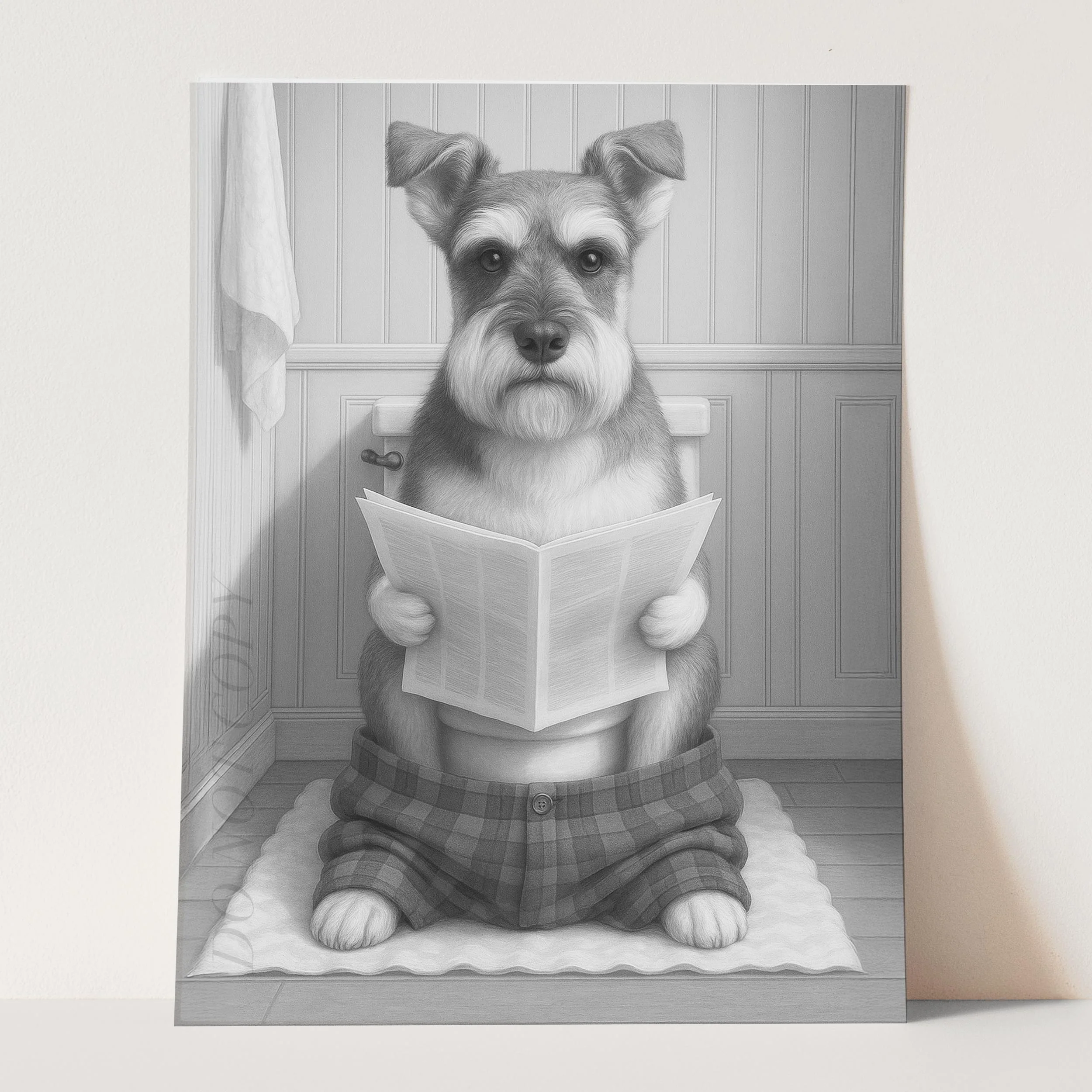 Schnauzer Dog Reading The Newspaper On The Toilet - Image 3