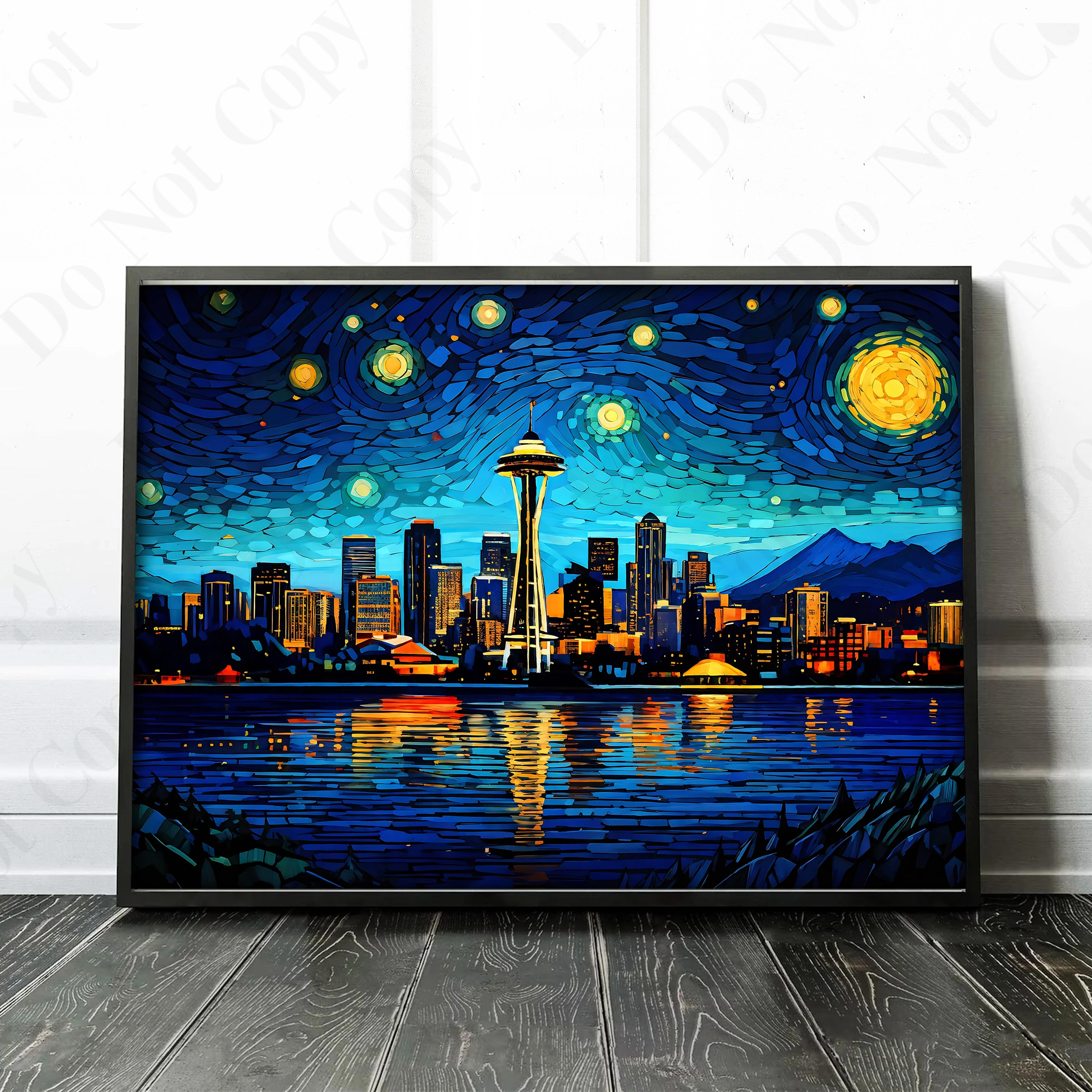 Seattle Washington Skyline as Van Gogh Starry Night