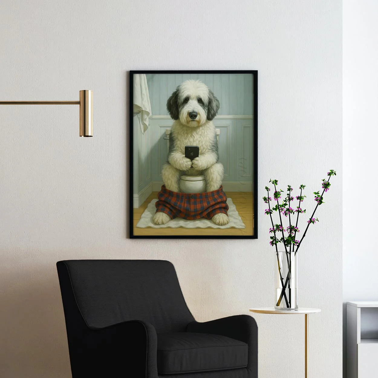 Sheepadoodle Dog On The Phone On The Toilet - Image 2